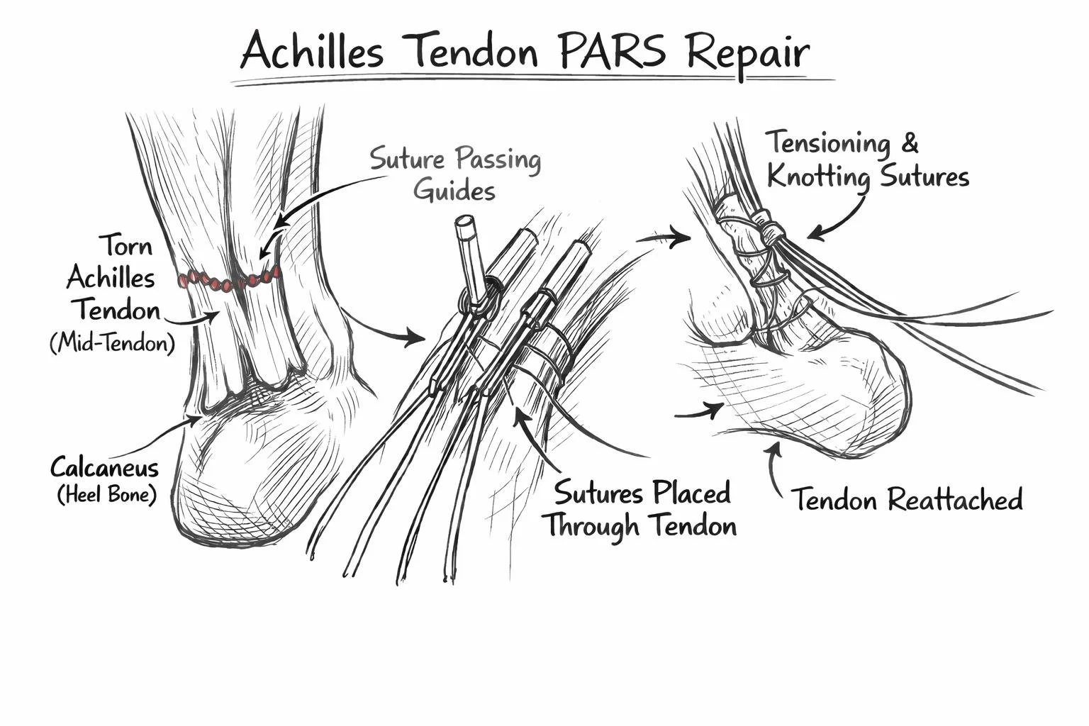 Illustration of a PARS Achilles tendon repair, a minimally invasive surgical technique used to reconnect a ruptured Achilles tendon.