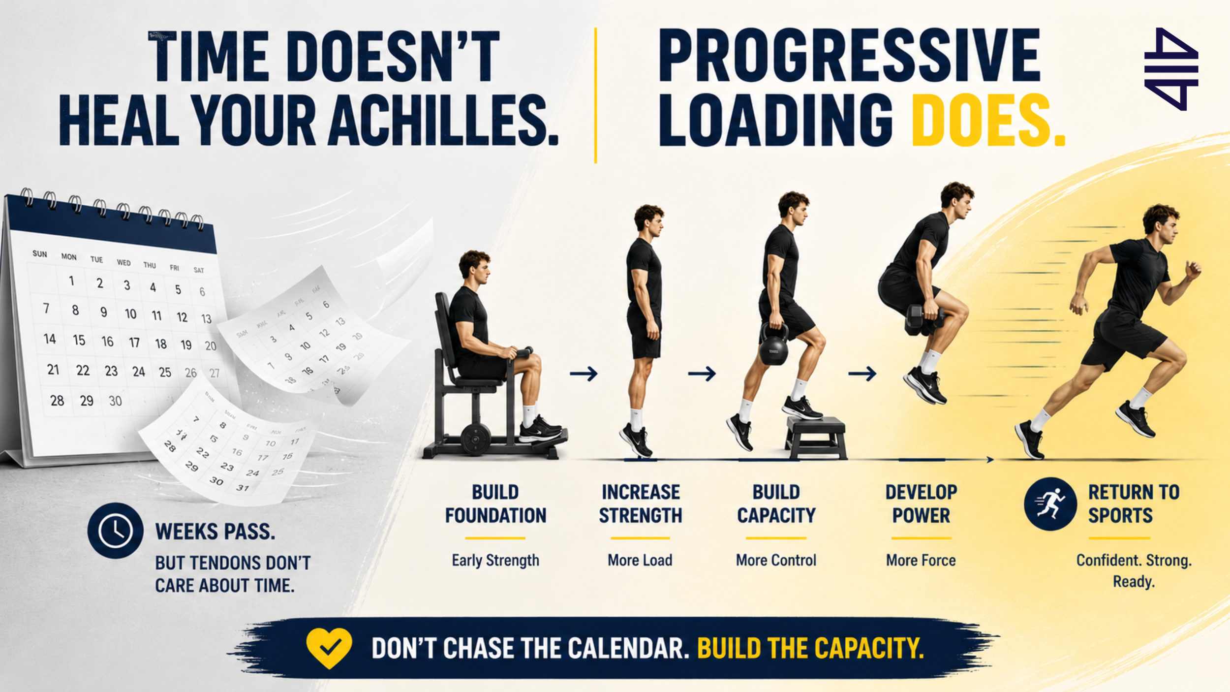 Infographic showing progressive Achilles rehabilitation from calf strengthening to return to running and sports.