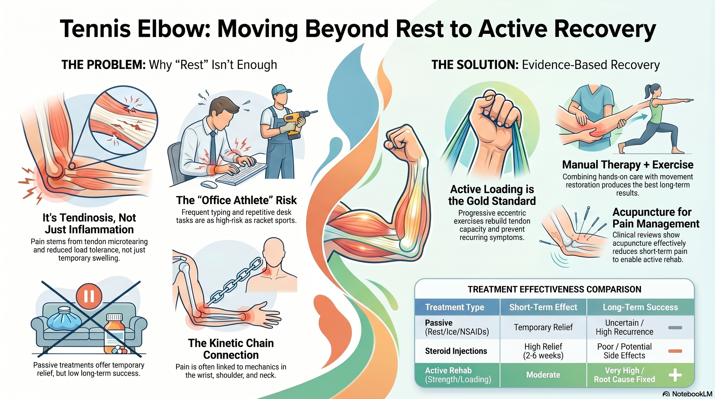 Tennis elbow treatment infographic showing why rest alone is often insufficient and how active rehabilitation, tendon loading exercises, manual therapy, and acupuncture can support long-term recovery.