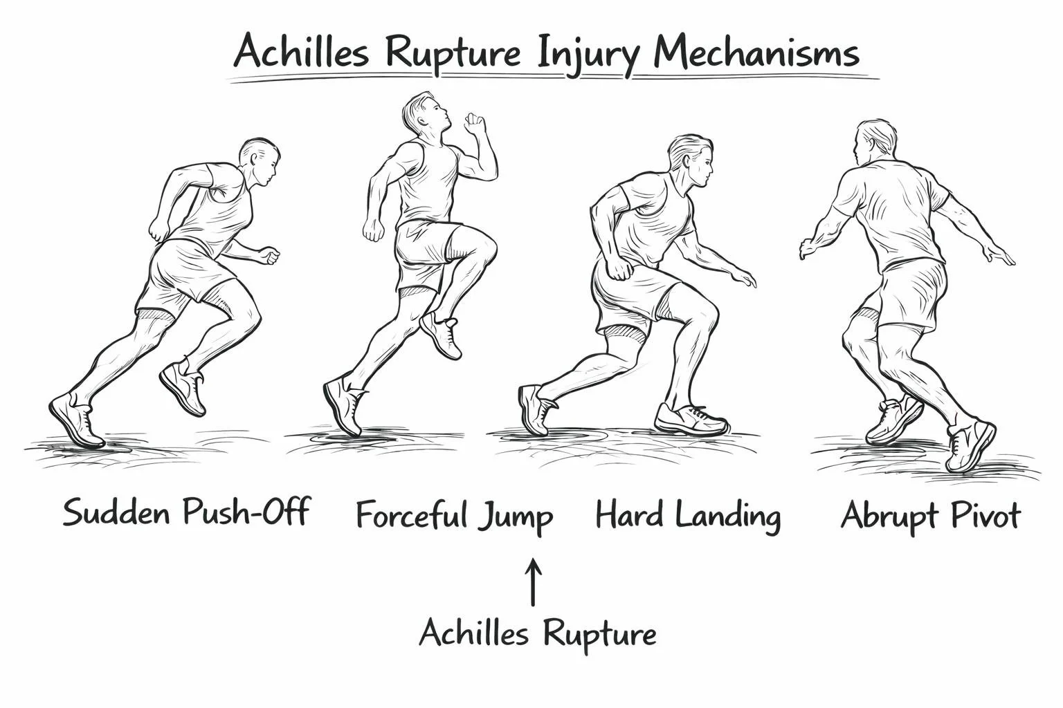 Illustration of common Achilles tendon rupture causes including sudden push-offs, jumping, landing, and rapid direction changes during sports.