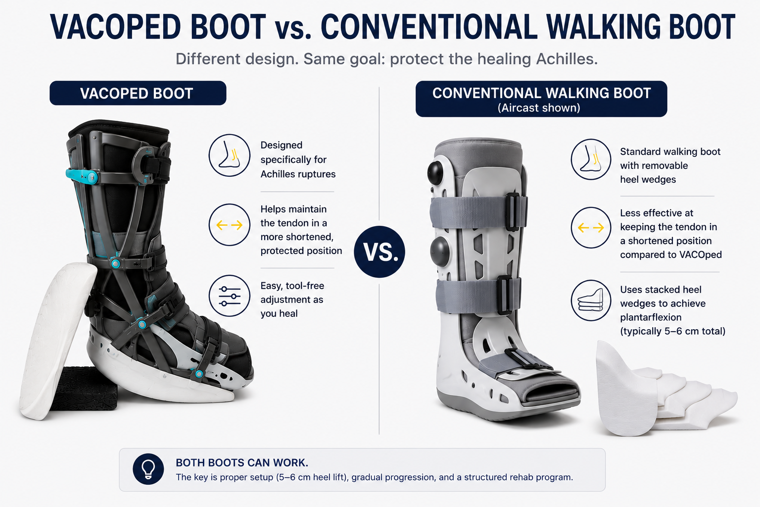 Comparison of a VACOped boot and a conventional walking boot with heel wedges used during Achilles tendon rupture rehabilitation.