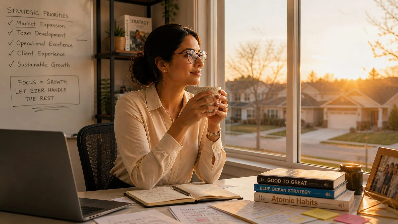 A relaxed CEO spending time with family after hiring a US-based executive assistant.