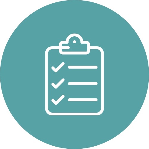 White line icon of a checklist representing operations and project management support.