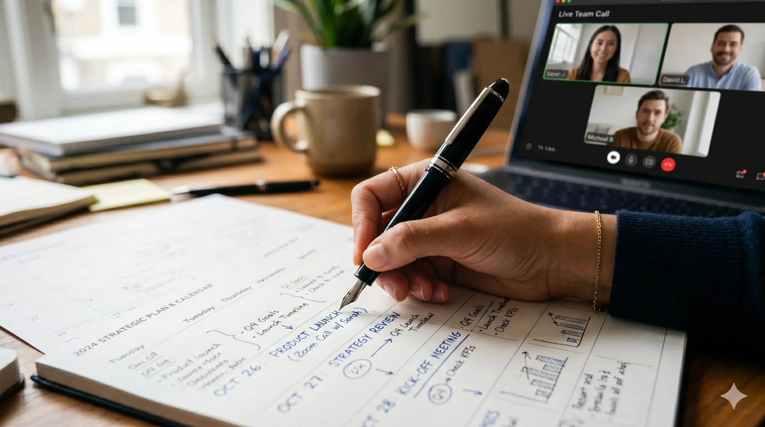 A seasoned virtual professional using a fountain pen to map out a nonprofit strategic plan during a live team video call.