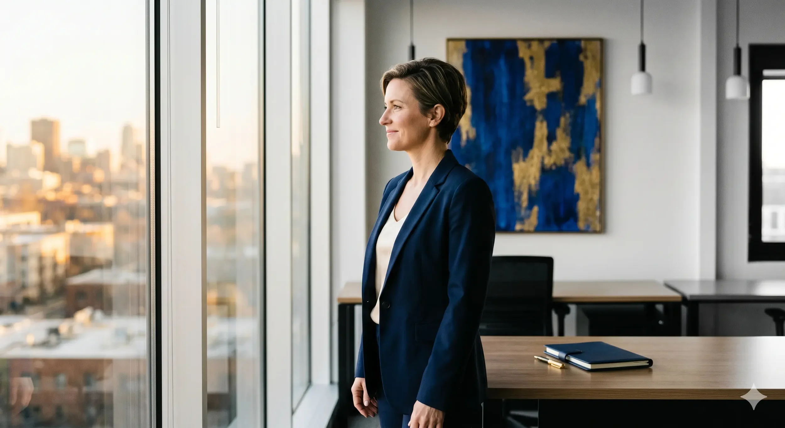 A 35mm photograph of a confident business leader in a premium office, looking at a city view. The image represents the freedom and relief that scaling entrepreneurs find when hiring a premium virtual assistant from Ezer VA Group.