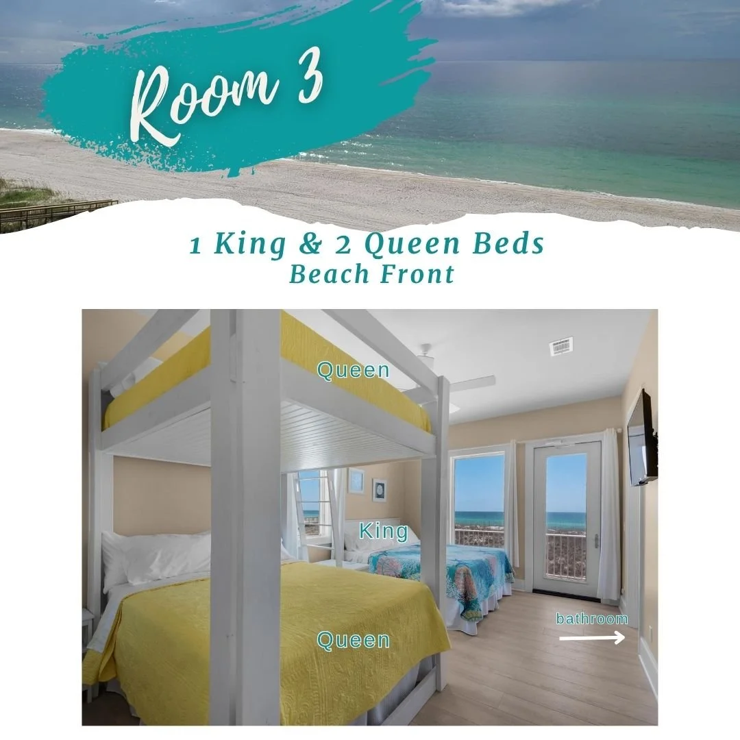 Beachfront hotel room with one king bed and one queen bed, ocean view, daylight, neutral walls, and wooden floor.