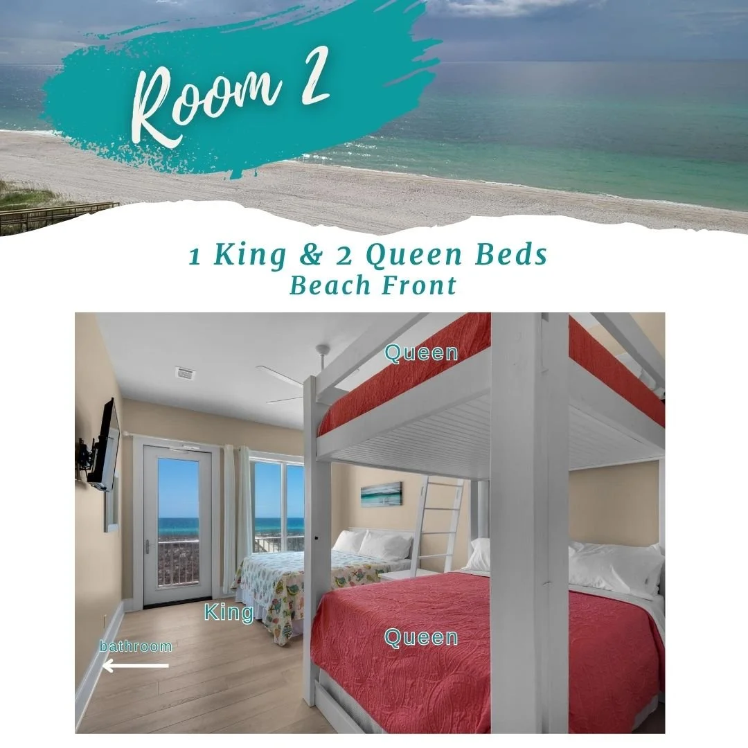 A beach front room with a bunk bed and a king size bed, ocean view through windows, and labeled as Room 2.