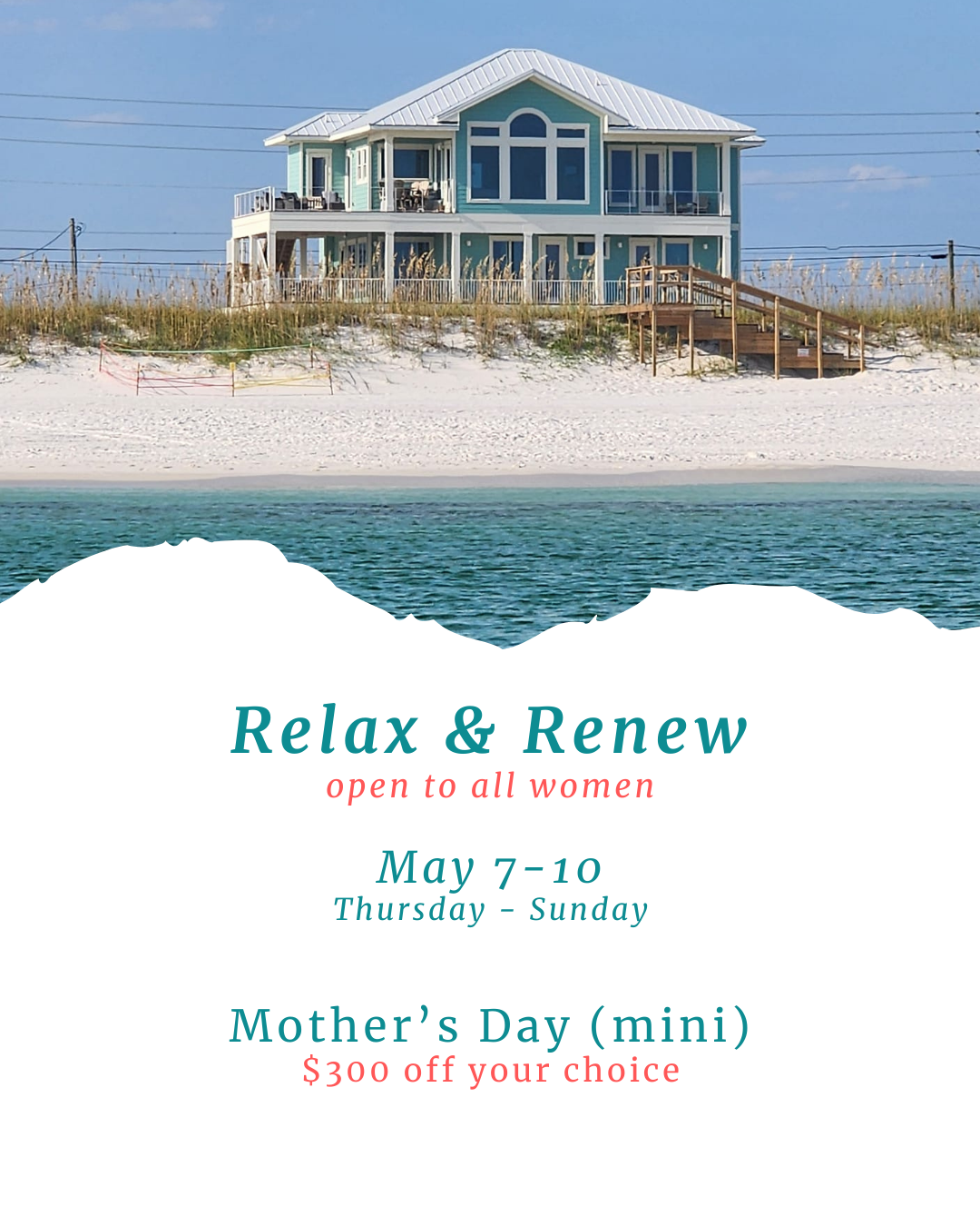 A beach house on the sand with blue walls and white trim, viewed from across the water under a cloudy sky.