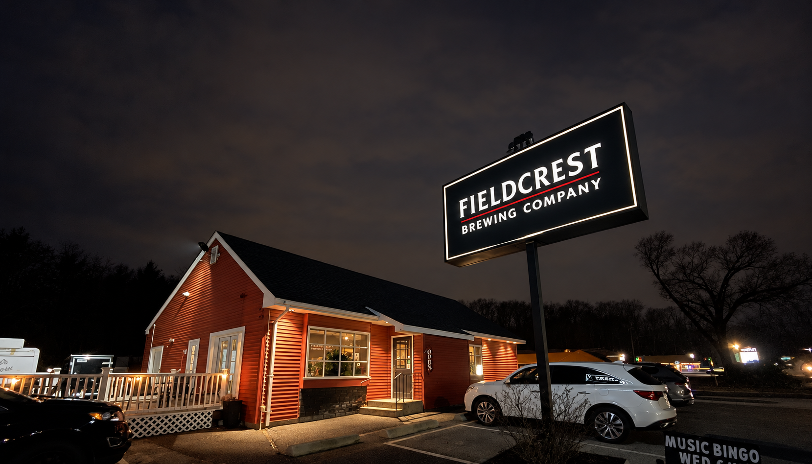 Full view of the Fieldcrest Brewing Wilbraham taproom at night