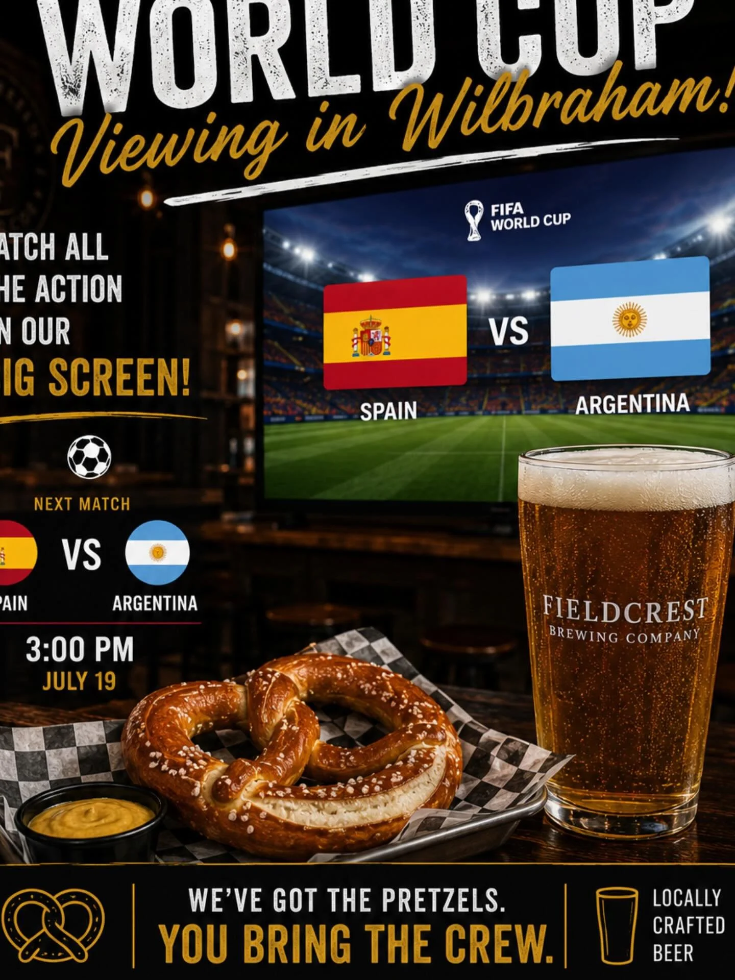 ⚽🏆 WORLD CUP WATCH PARTY &ndash; WILBRAHAM! 🏆⚽
The match is on, the taps are flowing, and there&rsquo;s no better place to catch the action than Fieldcrest Brewing!
🍺 Open Today: 2:00 PM &ndash; 8:00 PM
⚽ World Cup Match: 5:00 PM
Settle in with yo