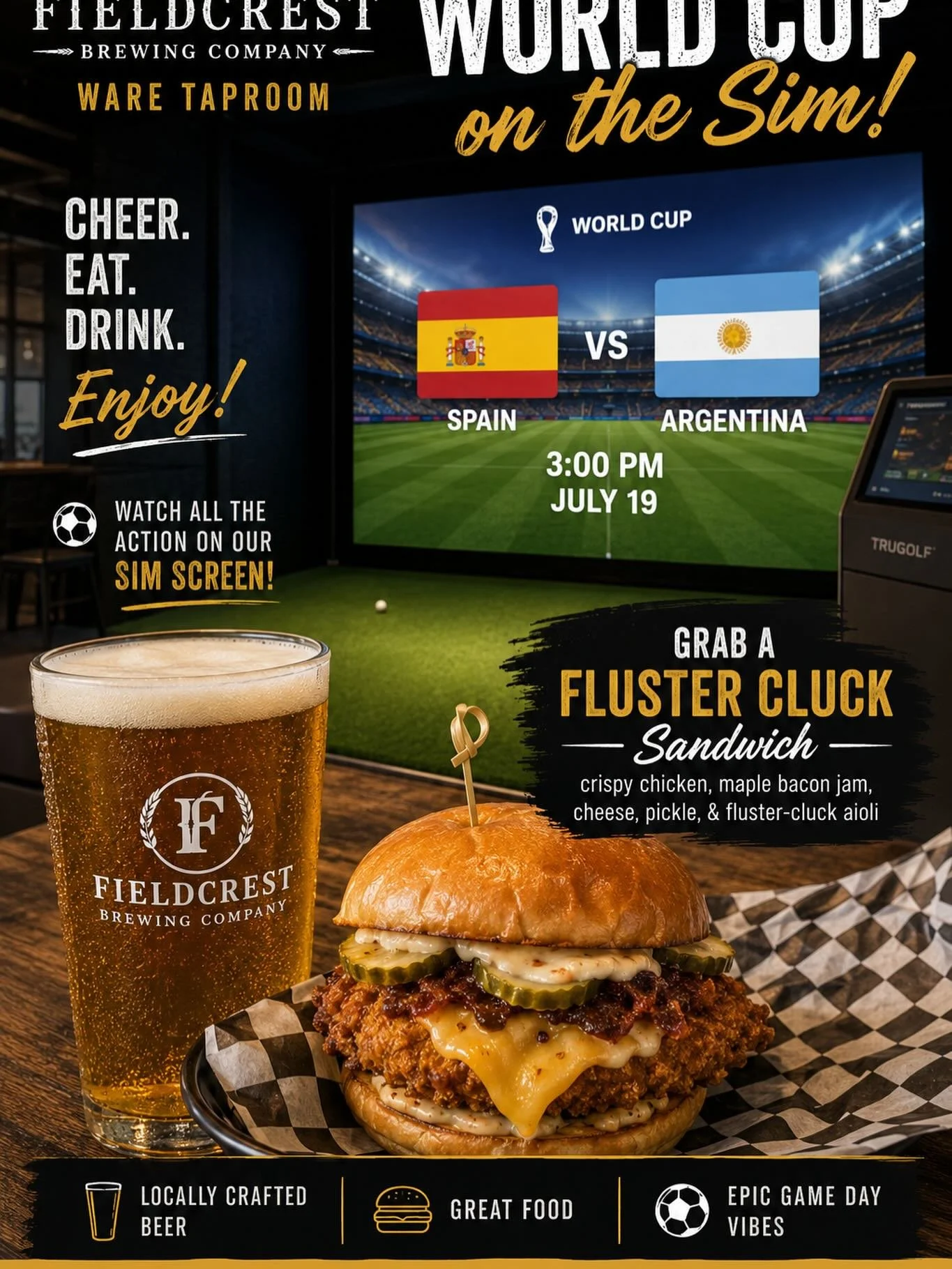 ⚽️ World Cup Sunday at Fieldcrest Brewing &ndash; Ware! 🍺🍔
Looking for the perfect place to catch the match?
Join us today in Ware as we show the Spain 🇪🇸 vs. Argentina 🇦🇷 World Cup match at 3:00 PM on our big simulator screen!
🍺 Enjoy our loc