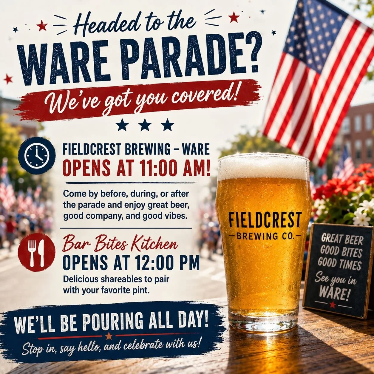 🇺🇸 Headed to the Ware parade today? We&rsquo;ve got you covered!
🍺 Fieldcrest Brewing &ndash; Ware opens at 11:00 AM!
Whether you&rsquo;re looking to grab a beer before the parade, cool off during the festivities, or celebrate after it&rsquo;s ove