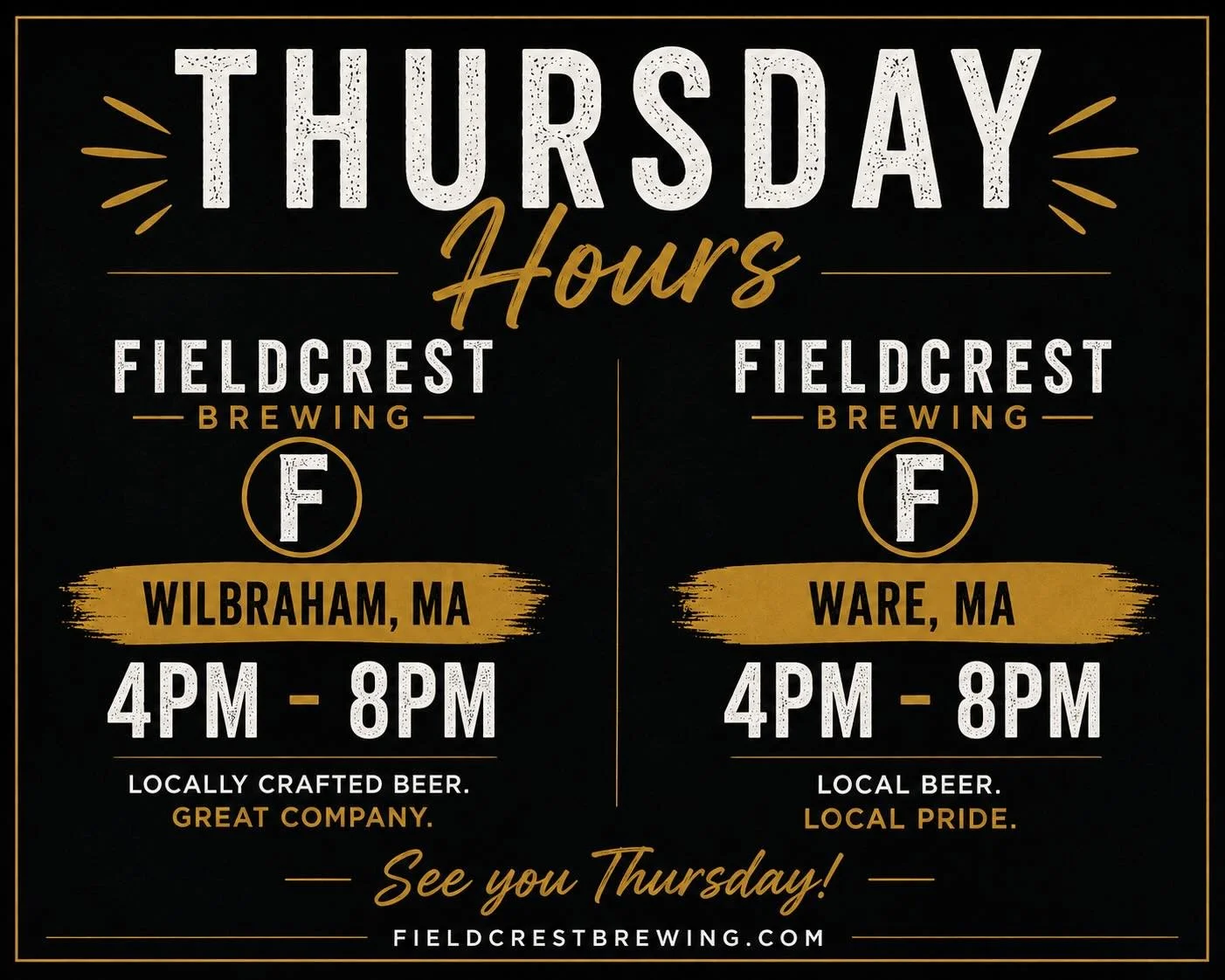 🚨 Both Fieldcrest Brewing taprooms are OPEN today! 🍻
Stop by either location and enjoy your favorite locally crafted beer.
📍 Wilbraham: 4:00 PM &ndash; 8:00 PM
📍 Ware: 4:00 PM &ndash; 8:00 PM
A quick heads-up for our Ware guests: our Bar Bites Ki