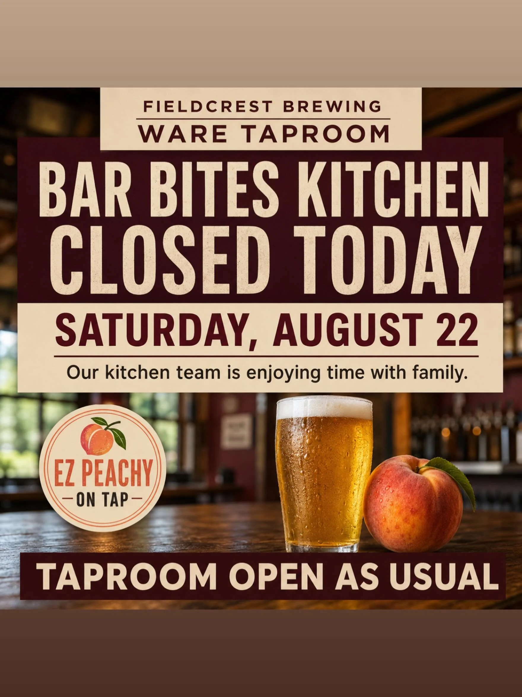 🍑🍺 EZ PEACHY IS ON TAP! 🍺🍑
We&rsquo;re holding onto summer with EZ Peachy&mdash;a light, refreshing lager with a peachy flavor that&rsquo;s perfect for sipping! ☀️
A quick heads-up: Our Ware Bar Bites kitchen is CLOSED today so our kitchen staff 