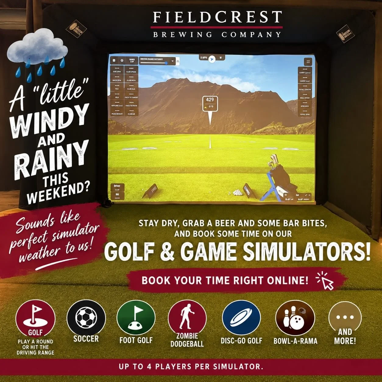 A &ldquo;little&rdquo; wind and rain this weekend? 🌧️💨
Sounds like perfect simulator weather to us! ⛳️🍺
Stay dry, grab a beer and some Bar Bites, and book some time on our Golf &amp; Game Simulators at Fieldcrest Brewing in Ware!
⛳️ Play a round o