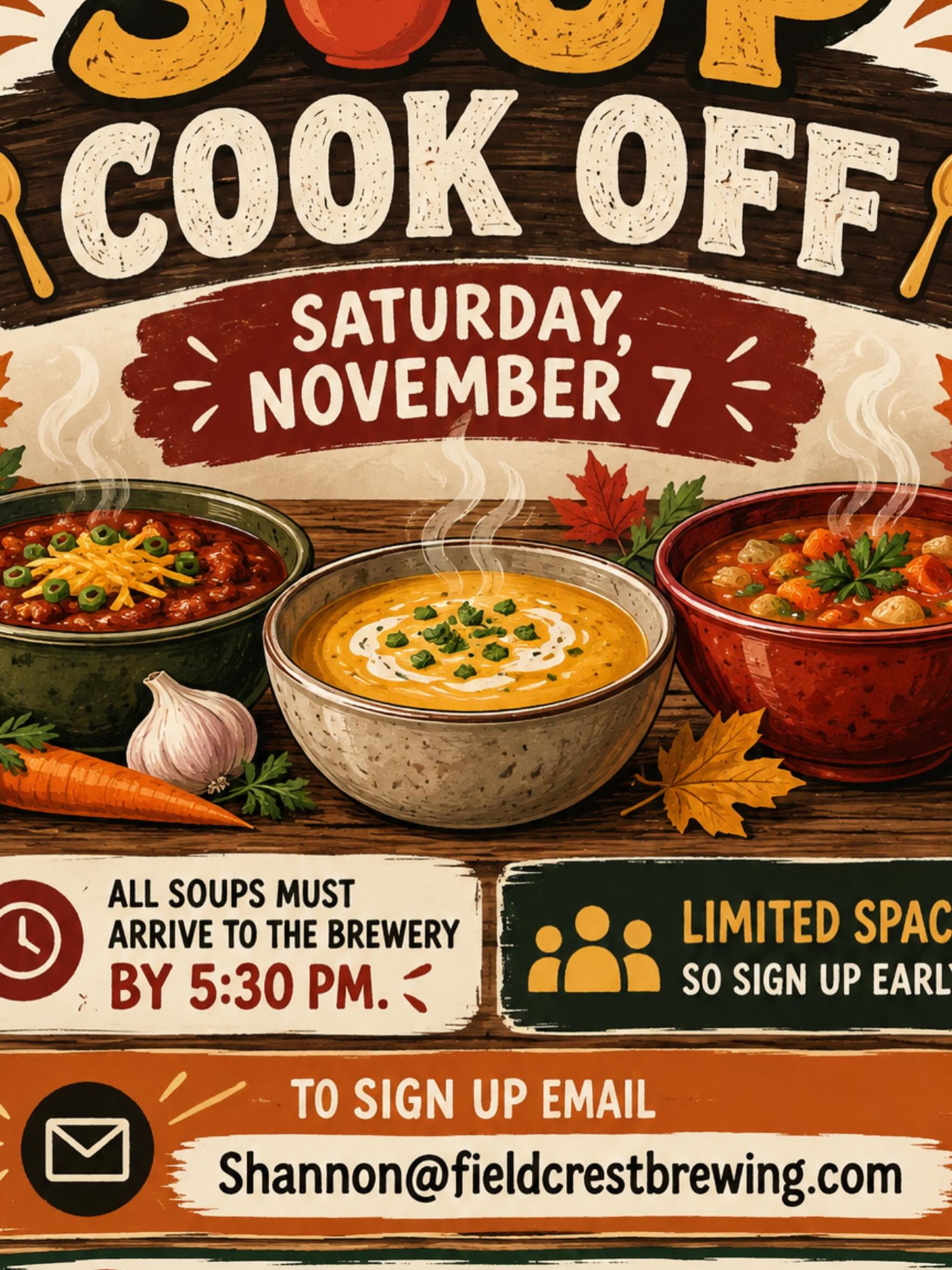🍲 FIELD�CREST&rsquo;S 2ND ANNUAL SOUP COOK-OFF! 🍺

Join us Saturday, November 7 at our Wilbraham Taproom!

Enter a soup:

* Arrive by 5:30 PM
* No entry fee
* Advance sign-up required&mdash;space is limited
* No seafood soups, please
* Sign up: Sha