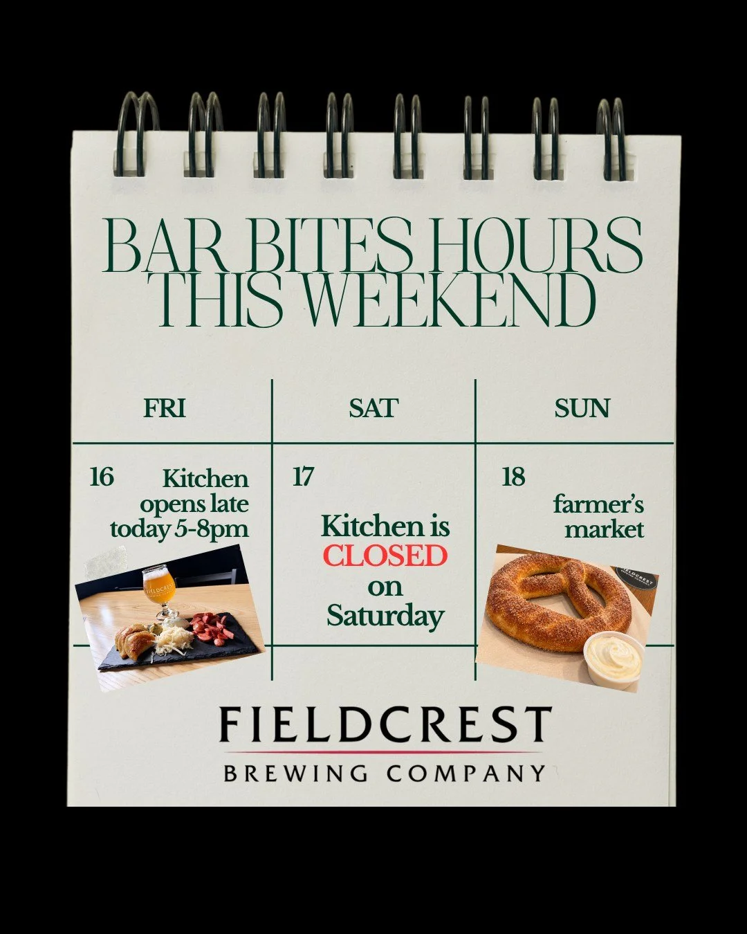 🍺 THIS WEEKEND AT FIELDCREST BREWING! 🍂

Two taprooms, the final weekend at Fern Valley, and some offsite fun&mdash;there are plenty of places to join us!

📍 WILBRAHAM TAPROOM
Friday: 3&ndash;9pm&mdash;Trivia with Joe at 7pm!
Saturday: 1&ndash;9pm