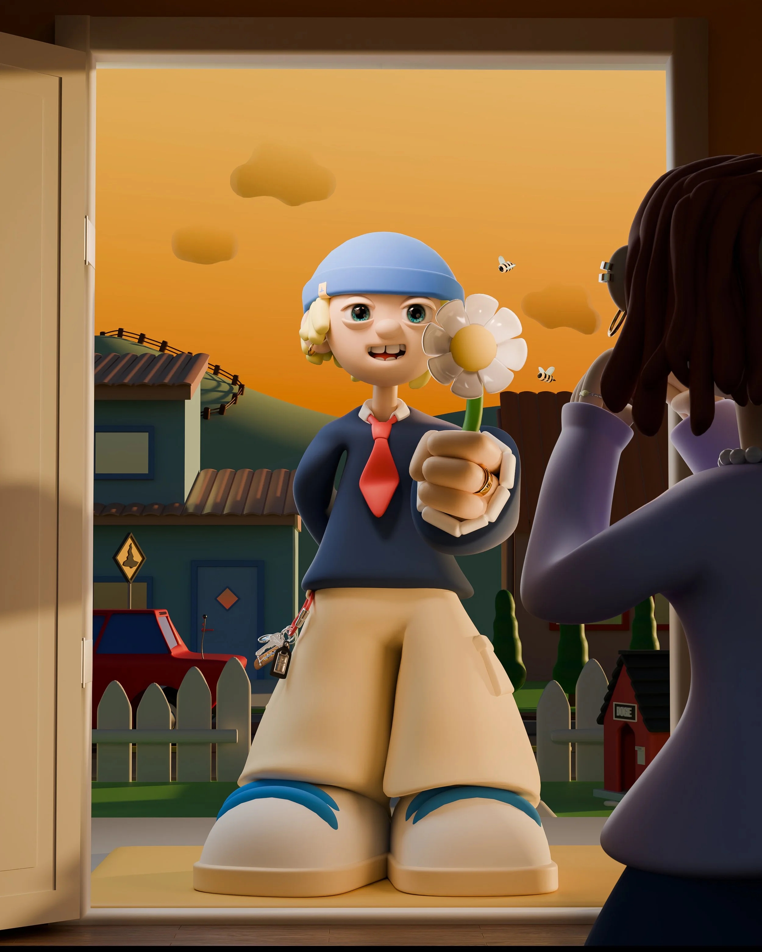 Stylized animated character wearing a blue hat, holding a daisy flower, standing in front of a house with a sunset sky in the background. A person inside the house is taking a photo of the character.