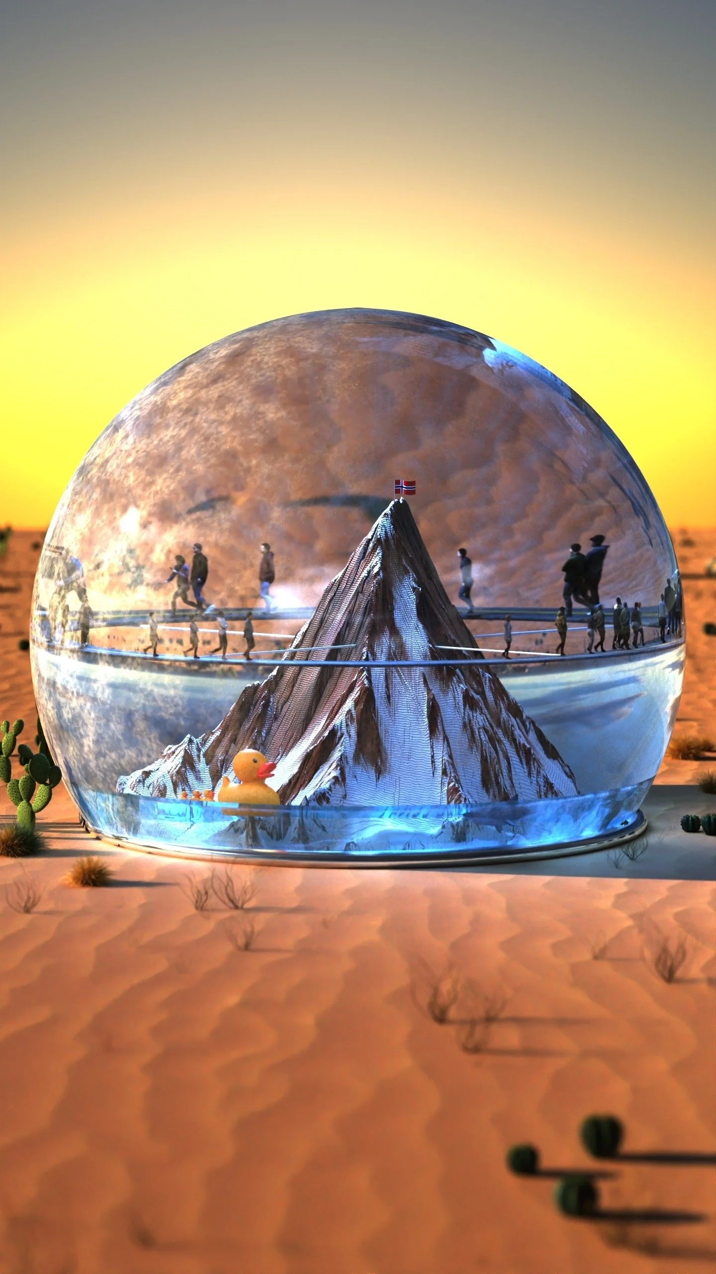 Glass globe with miniature mountain scene and yellow rubber duck, surrounded by desert landscape under a clear sky.