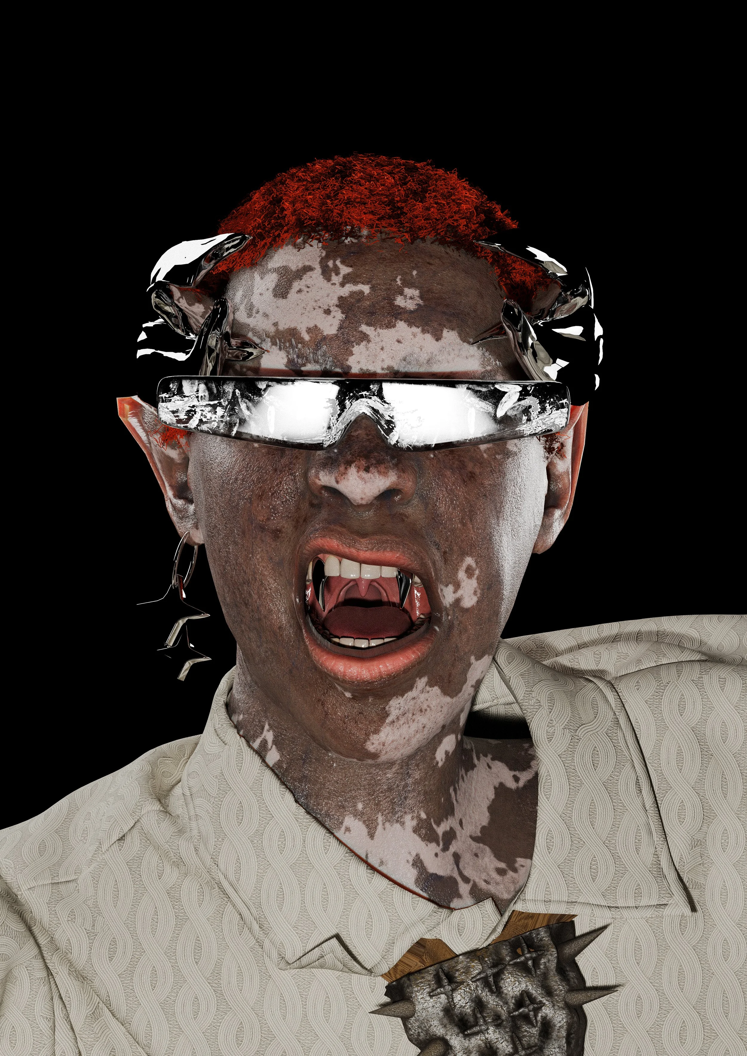 3D digital illustration of a character with red hair, vitiligo-like skin patterns, sharp fangs, reflective sunglasses, and wearing a textured jacket against a black background.