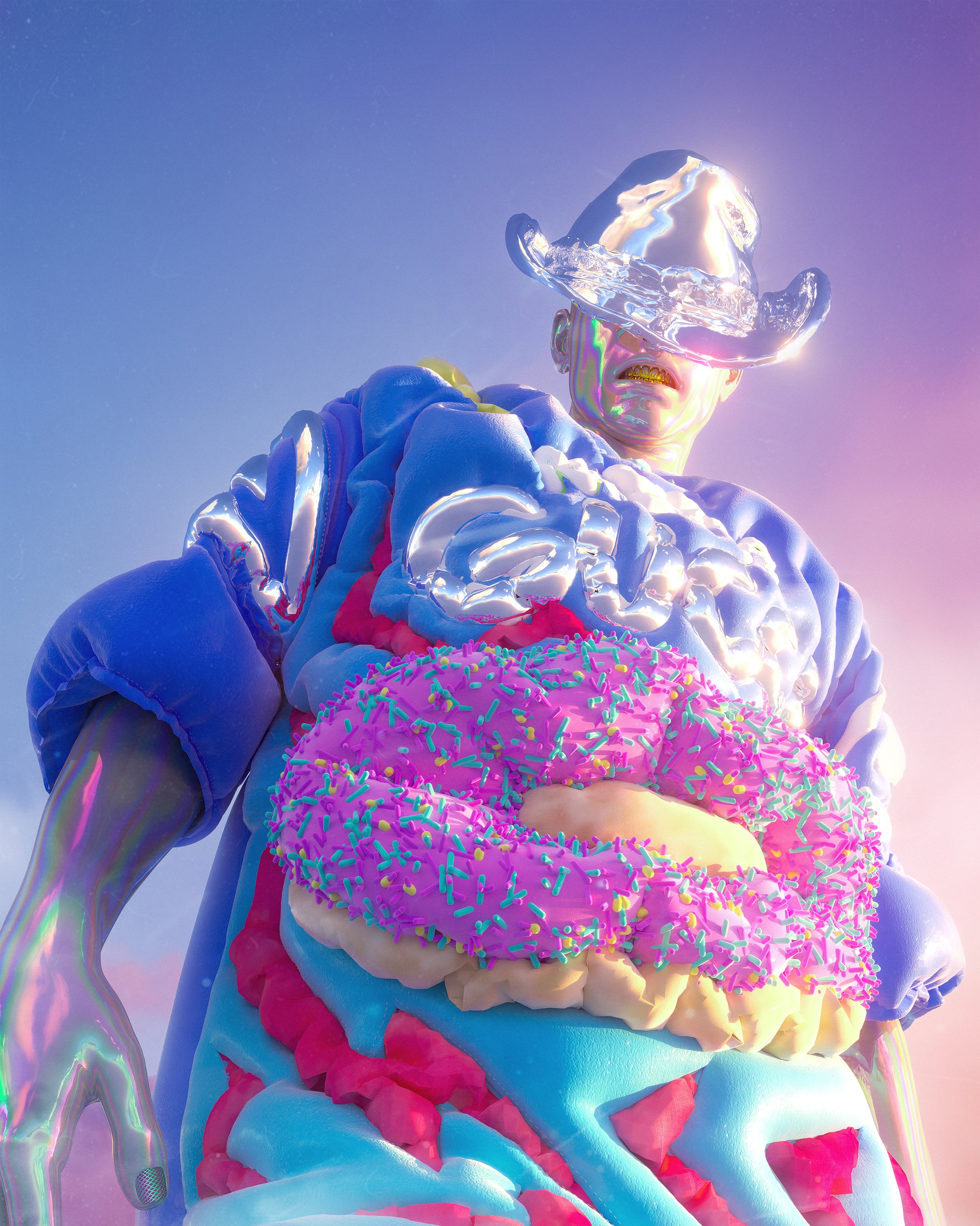 Surreal artwork depicting a colorful figure wearing a shiny, metallic cowboy hat and an oversized sweater with a donut design. The donut features pink frosting and colorful sprinkles. The figure appears to have iridescent, reflective skin, set agains
