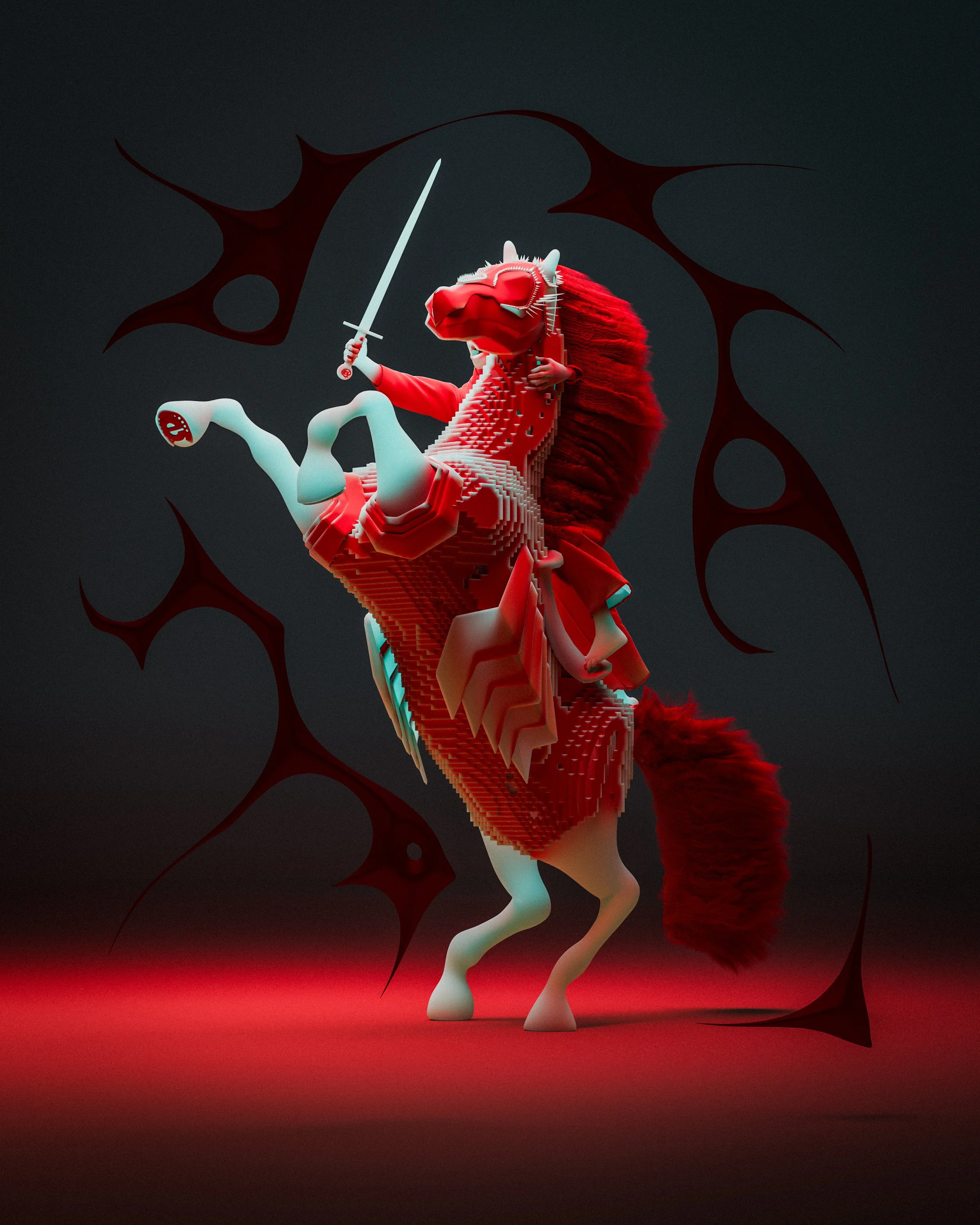 A stylized, pixelated red and white horse in an upright position, holding a sword. The background is dark with abstract, spiky shapes.
