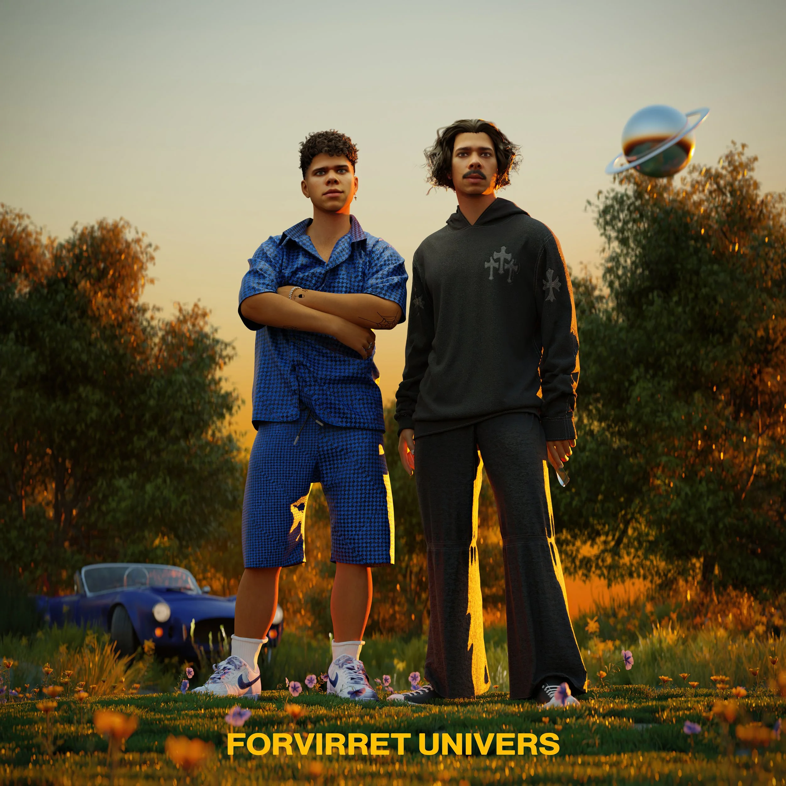 Two animated figures standing in a field with flowers, one wearing a blue outfit and the other in dark clothing. In the background, a classic blue car is parked among trees, and a planet with rings is in the sky. The text "FORVIRRET UNIVERS" is at th