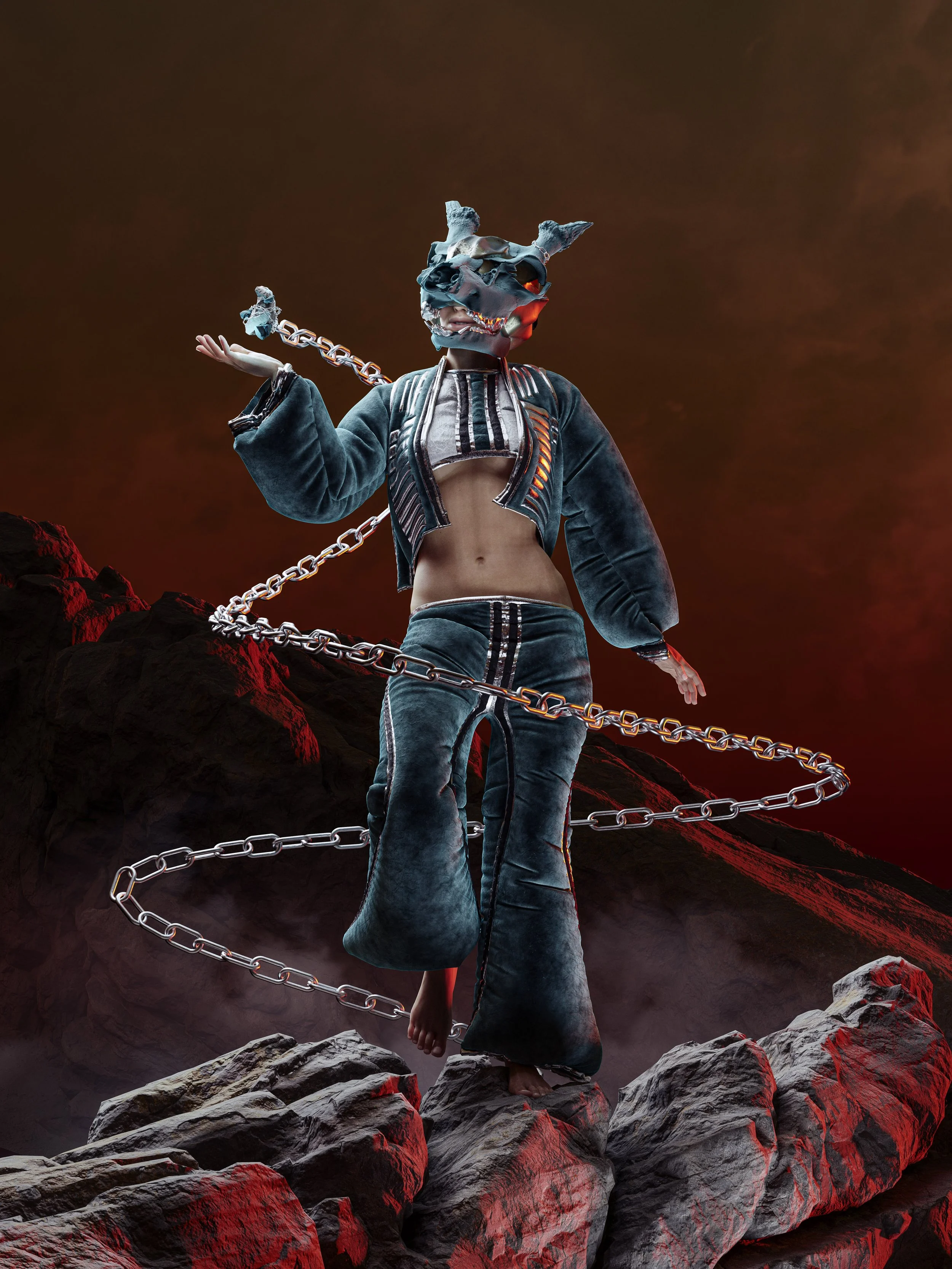 A person wearing a wolf mask, blue outfit, and surrounded by floating chains, stands barefoot on rocks with a dark, dramatic sky.