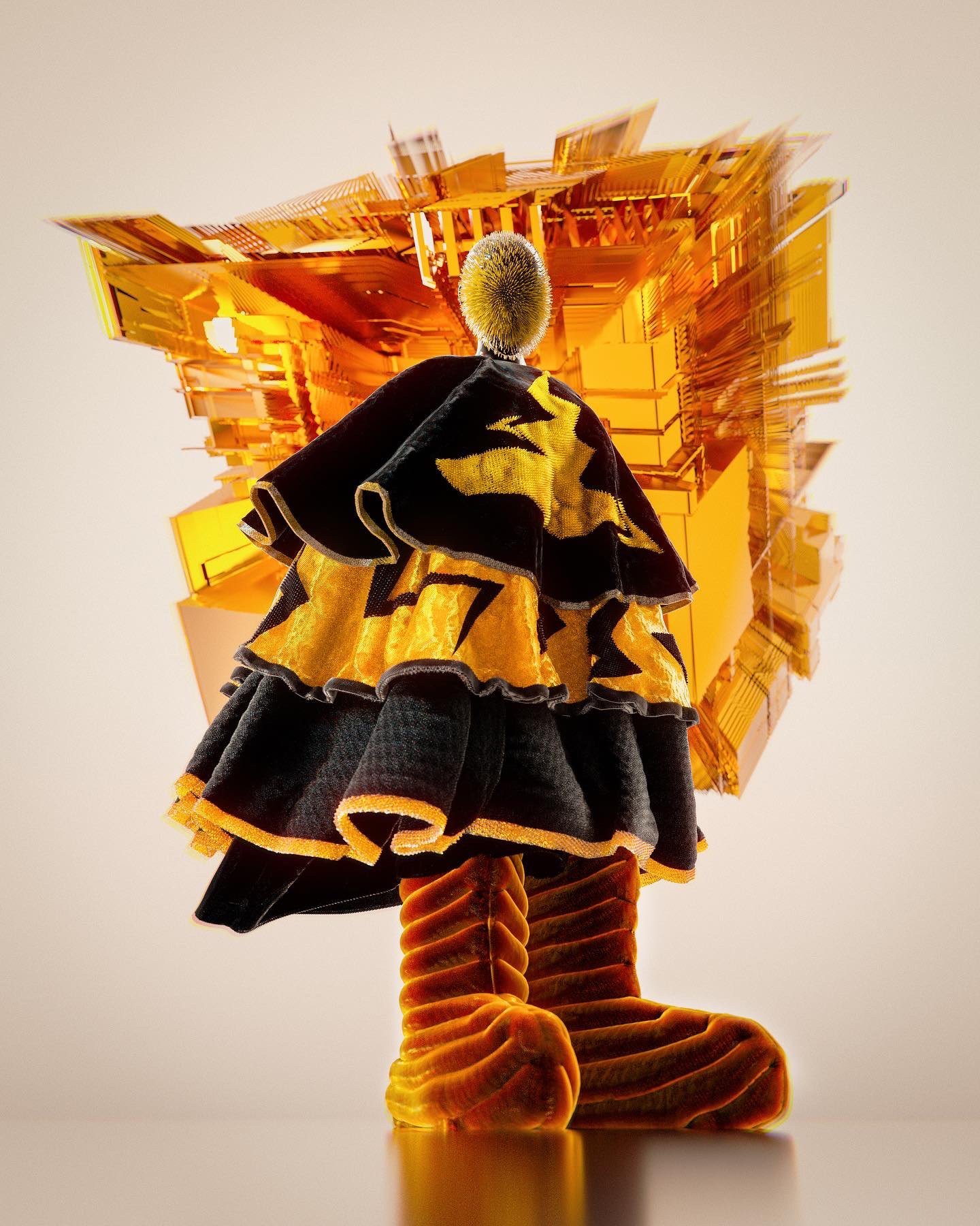 A futuristic, abstract art piece featuring a humanoid figure with a textured head, dressed in a layered, yellow and black costume, standing against a backdrop of intricate golden structures.