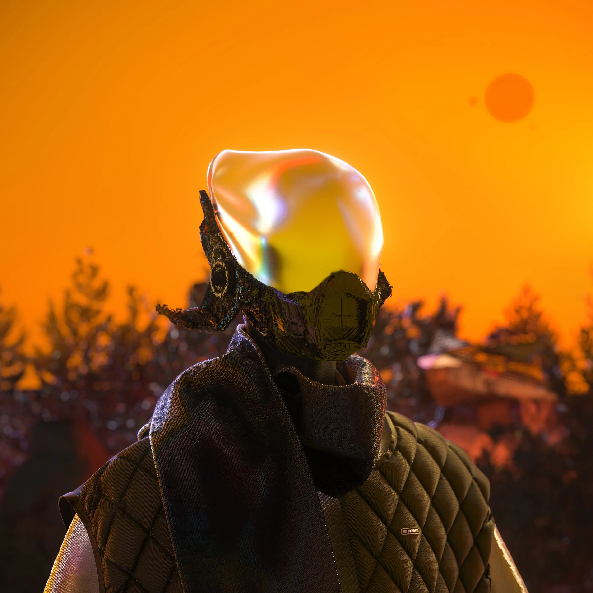 Futuristic figure with reflective helmet and scarf against orange sky background.