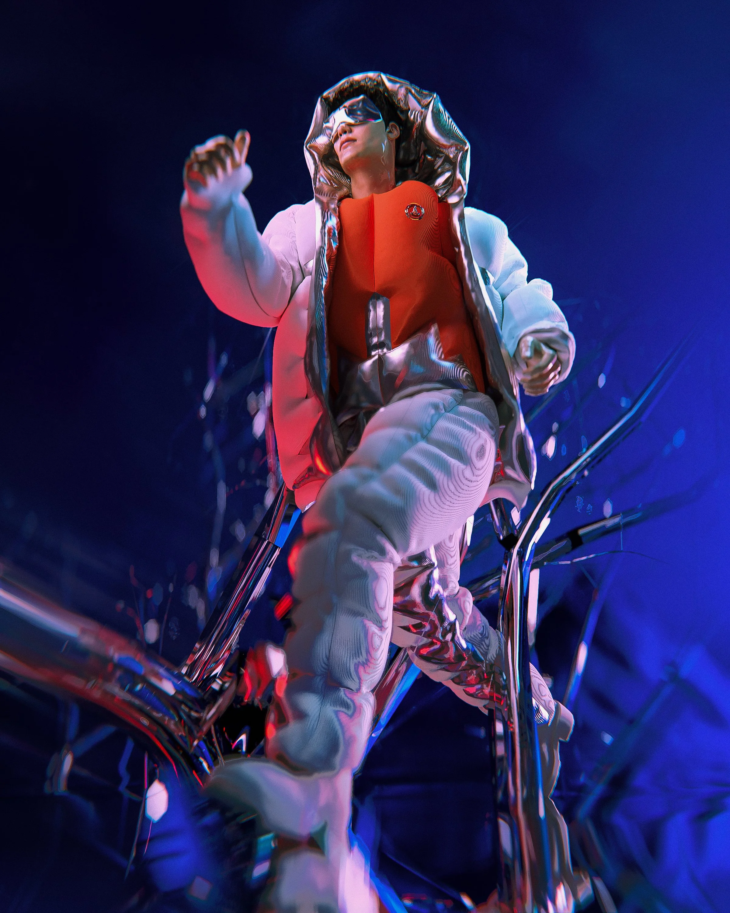 Person in futuristic clothing with white puffer jacket and red top, wearing sunglasses, set against a blue and metallic abstract background.