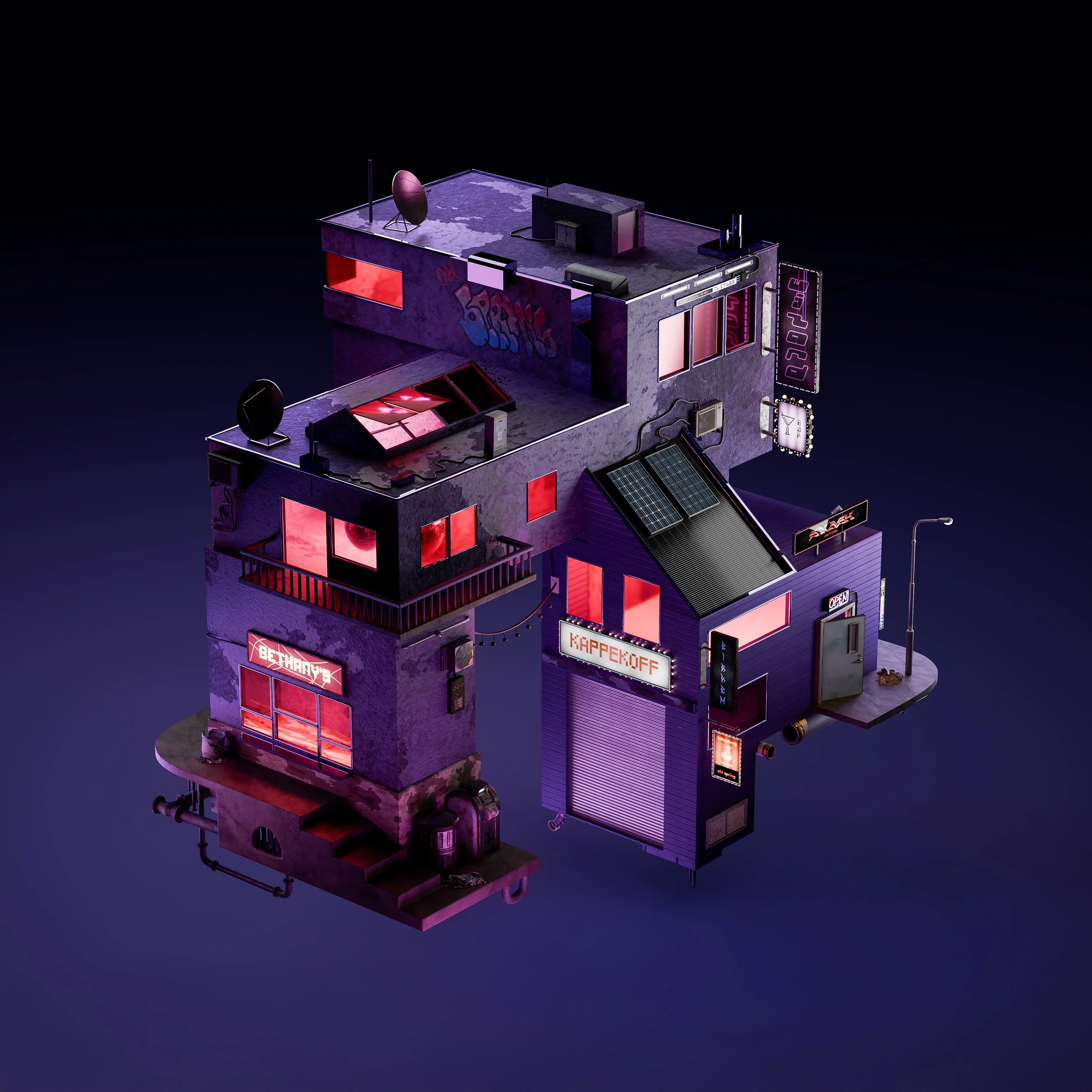 Isometric illustration of a futuristic building with neon signs and solar panels. The structure features various levels with windows, graffiti, and signage, including a cafe labeled 'KAFFEKOFF.' The scene is set against a dark gradient background.