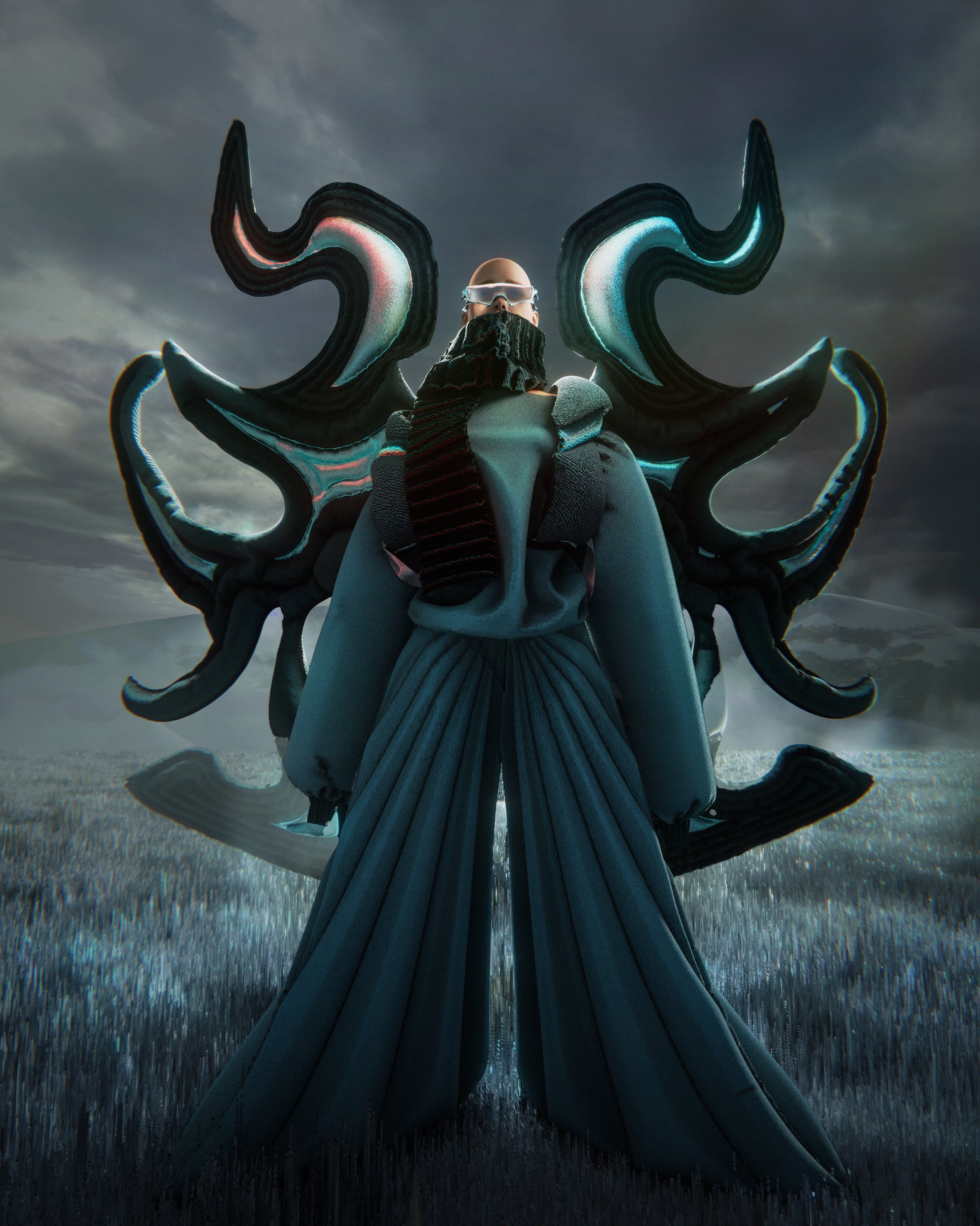 Futuristic figure with elaborate headpiece and flowing robe standing in a field under a cloudy sky.