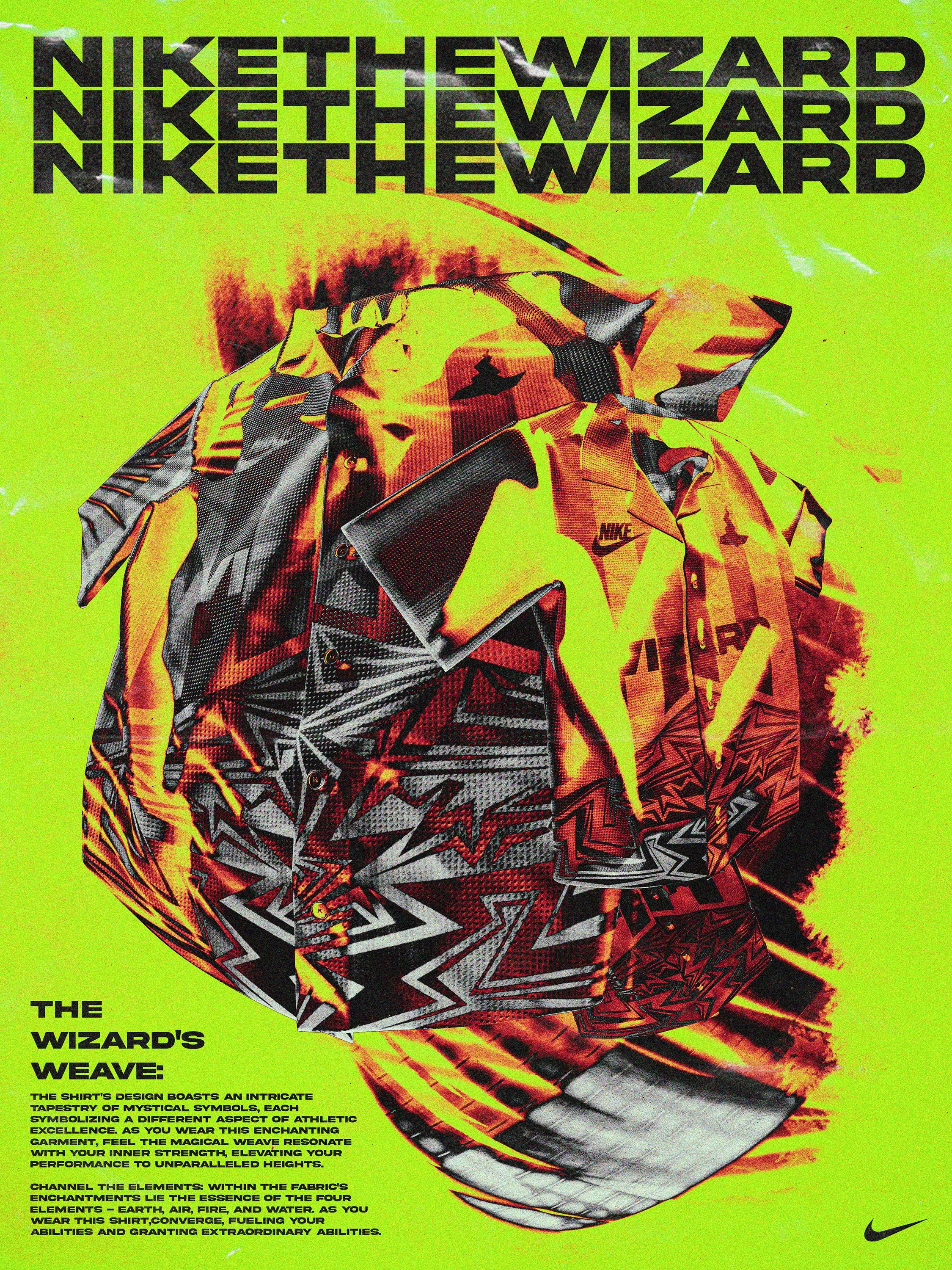 Promotional poster with stylized yellow and black graphics, featuring Nike branding and text about "The Wizard's Weave" shirt design, emphasizing its mystical and athletic qualities.