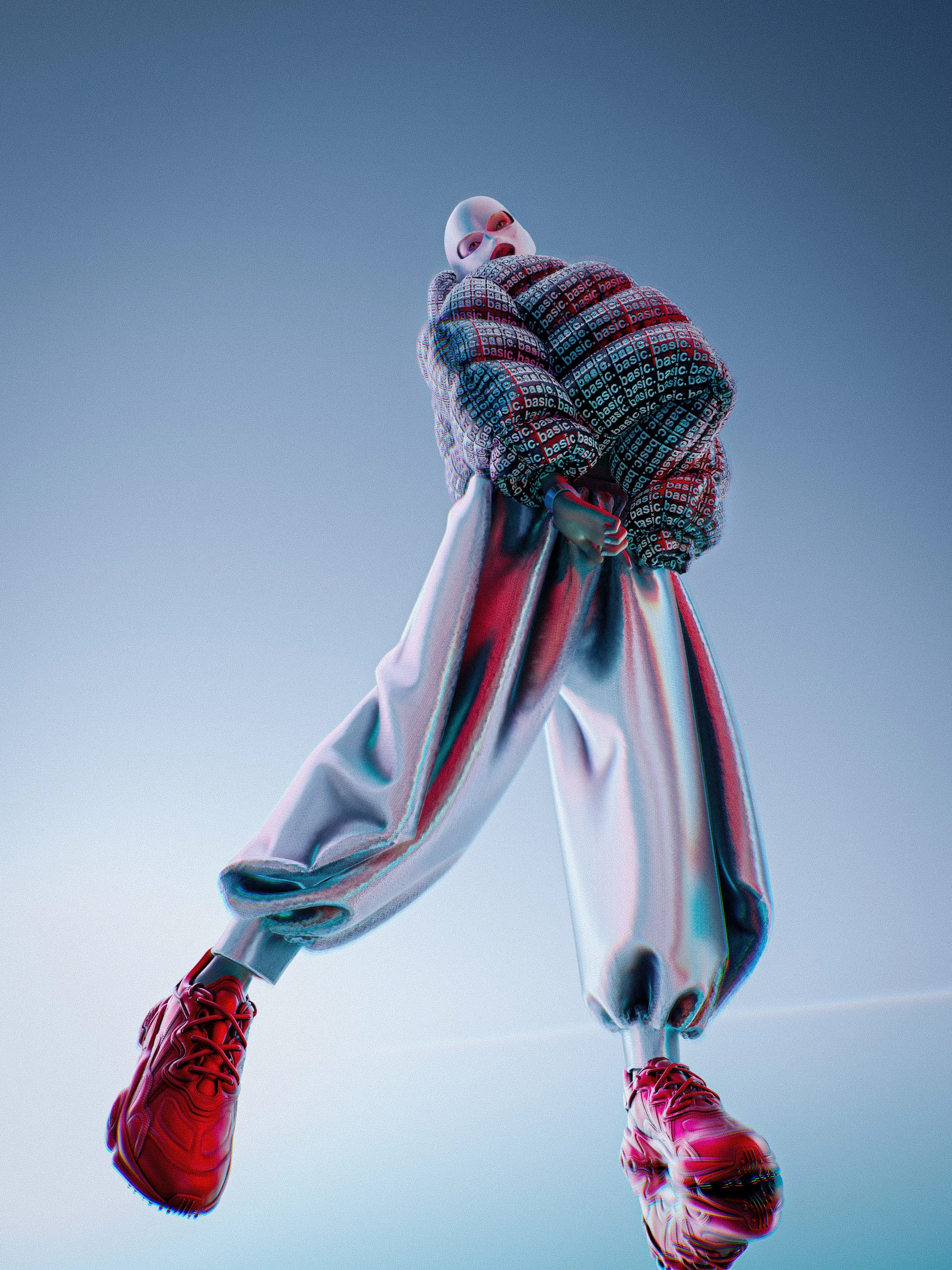 Person in oversized plaid jacket and baggy pants with red sneakers, viewed from below against a sky backdrop.