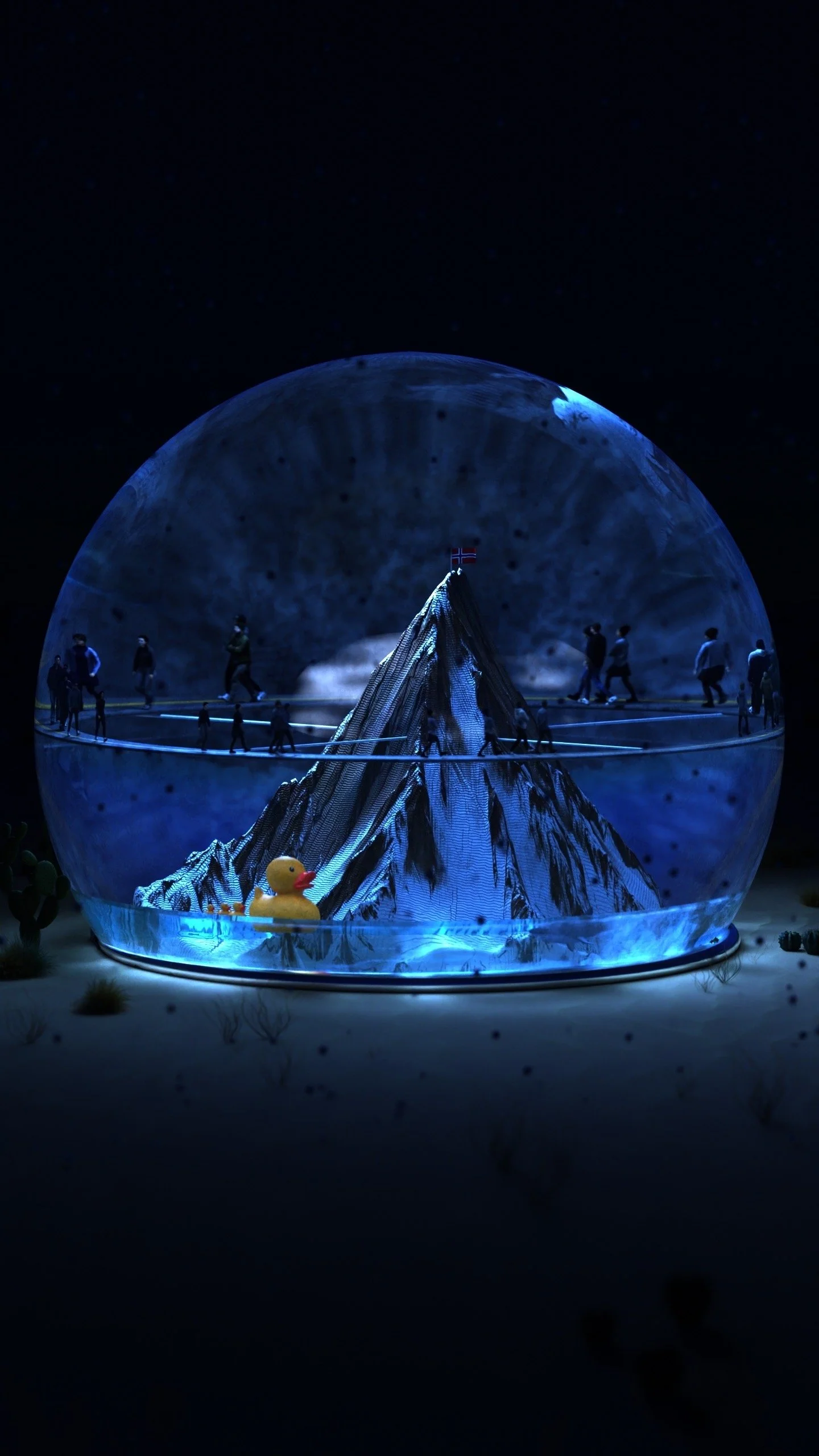A snow globe featuring a mountain with a Norwegian flag on top, surrounded by tiny human figures walking, and a yellow rubber duck at the base, illuminated in blue light.