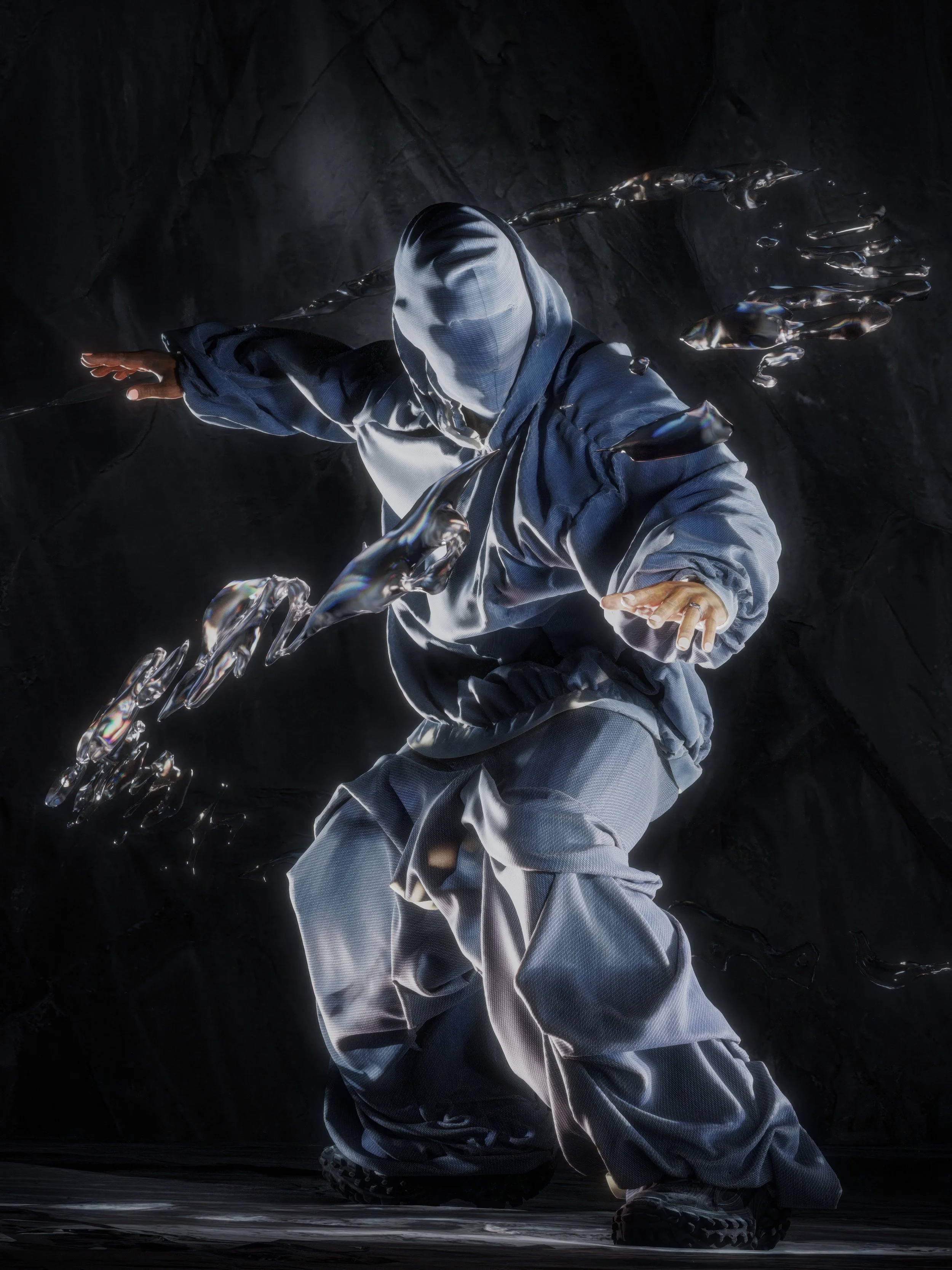 Person wearing a loose-fitting, blue outfit with a hood, striking a dynamic pose in a dark, textured environment with liquid elements swirling around.
