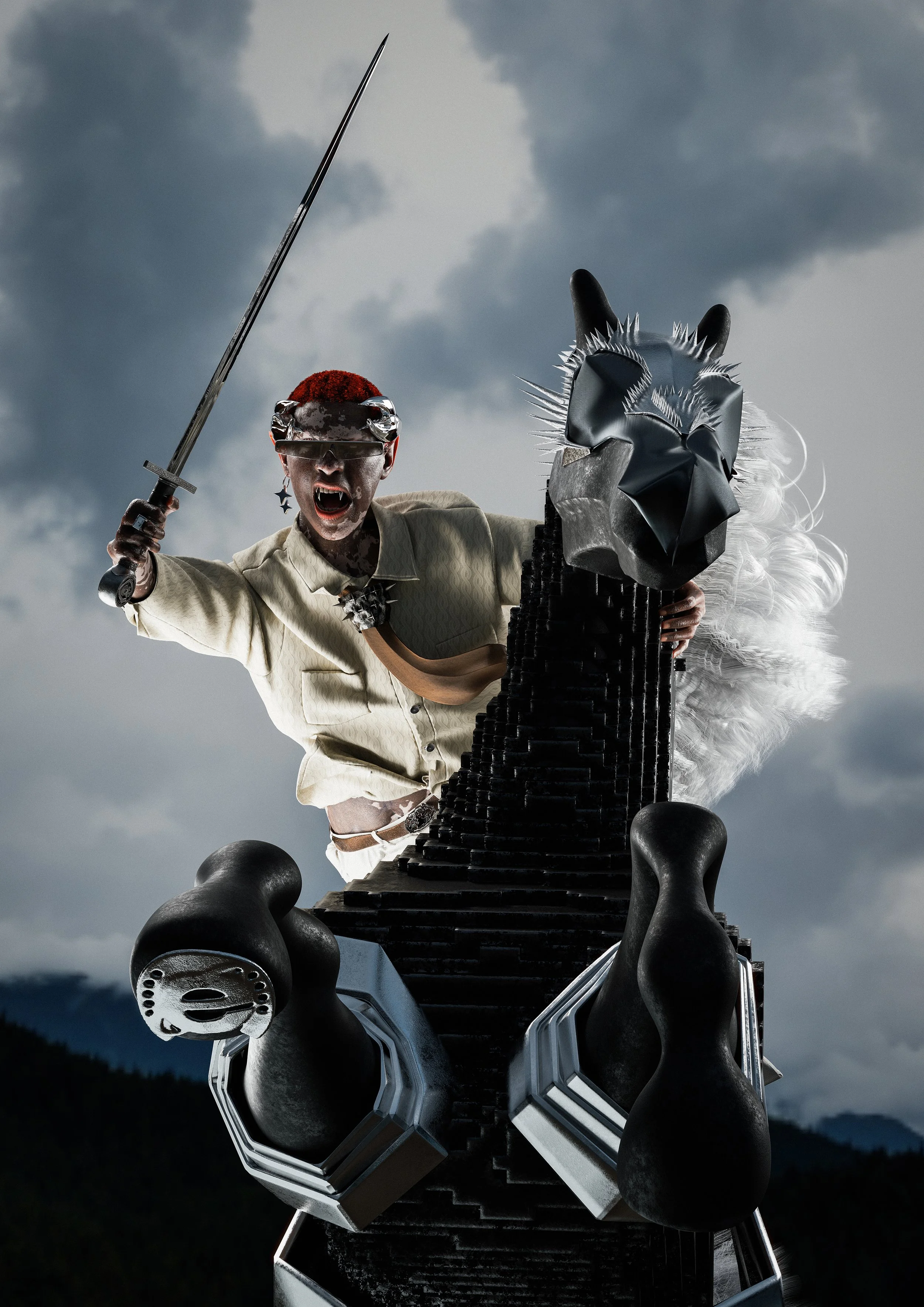 Person in costume resembling a knight or warrior, holding a sword, wearing a crown-like helmet with red accents, on a stylized horse, against a cloudy sky backdrop.