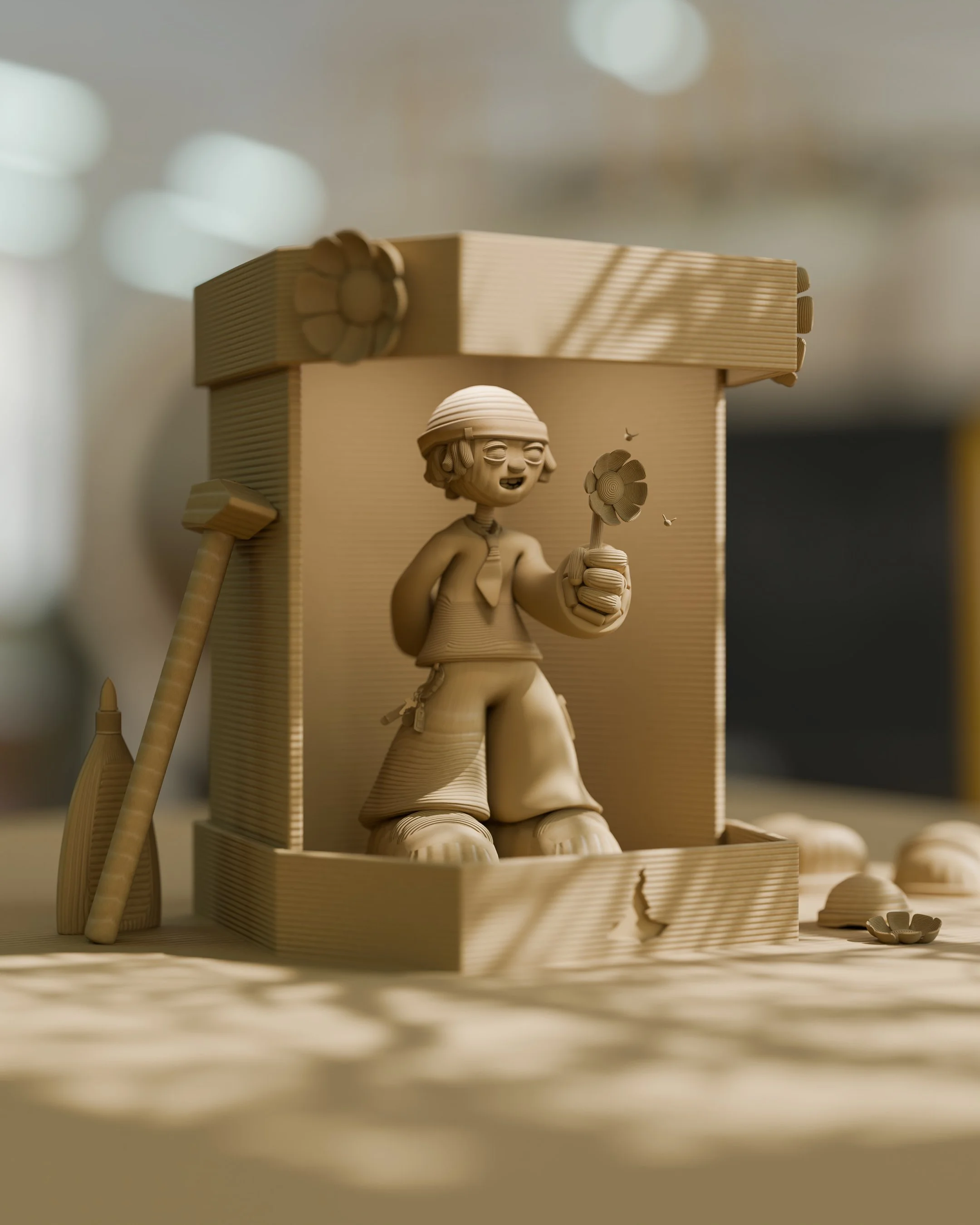 Cardboard sculpture of a person holding a flower, set in a box, with a mallet and bottle nearby.
