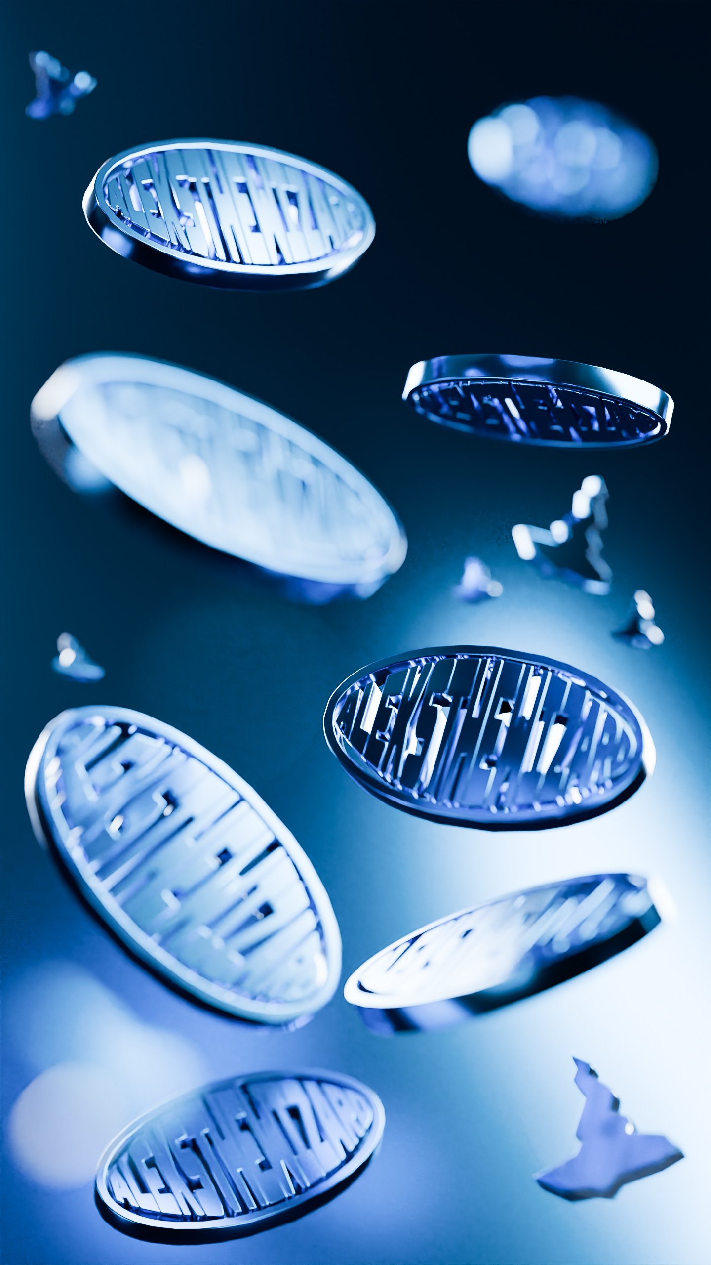 Floating metallic coins with text against a blue background.