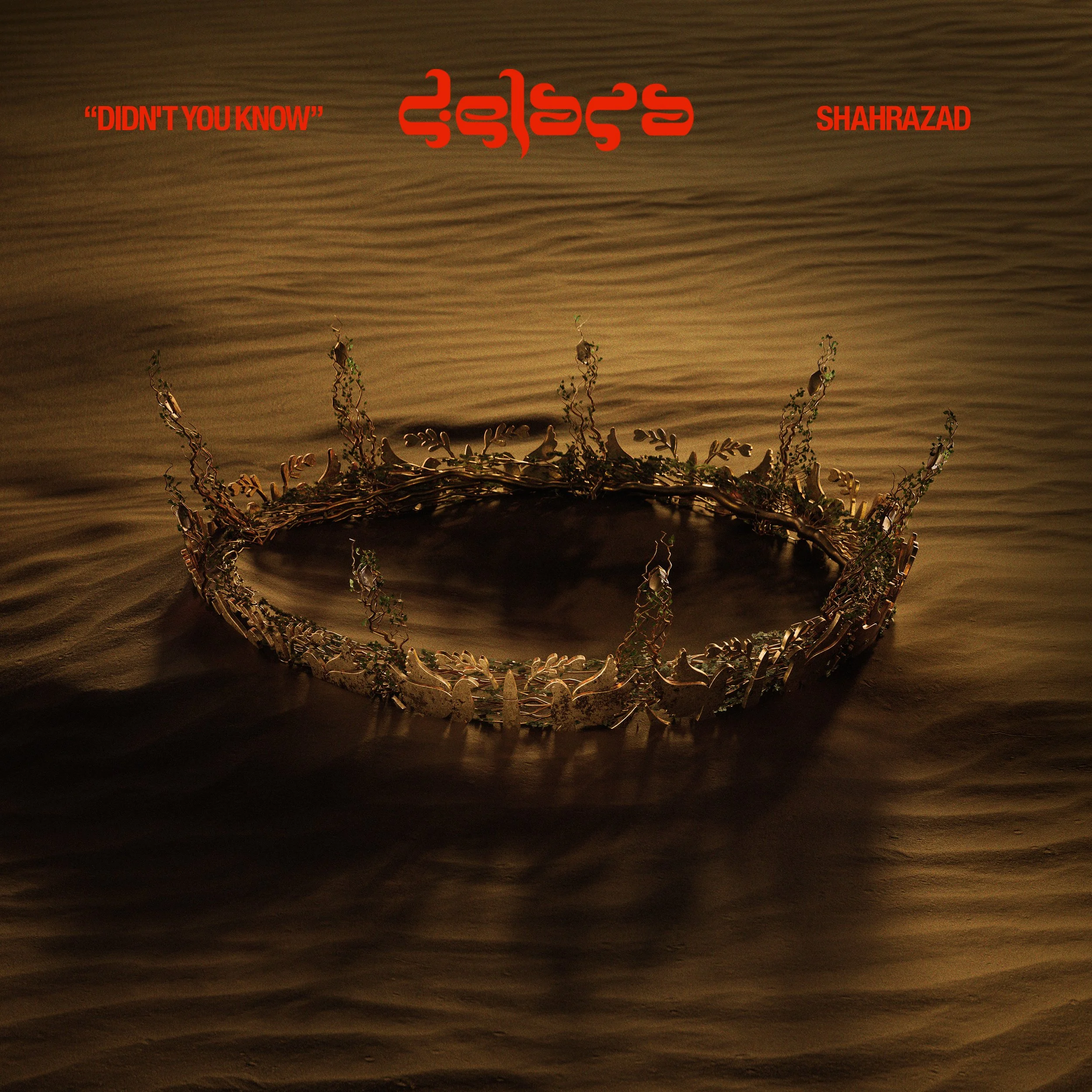 A golden crown intricately designed with ornamental leaves rests on a textured sandy surface. The words 'Didn't You Know' and 'Shahrazad' are displayed in red text near the top.