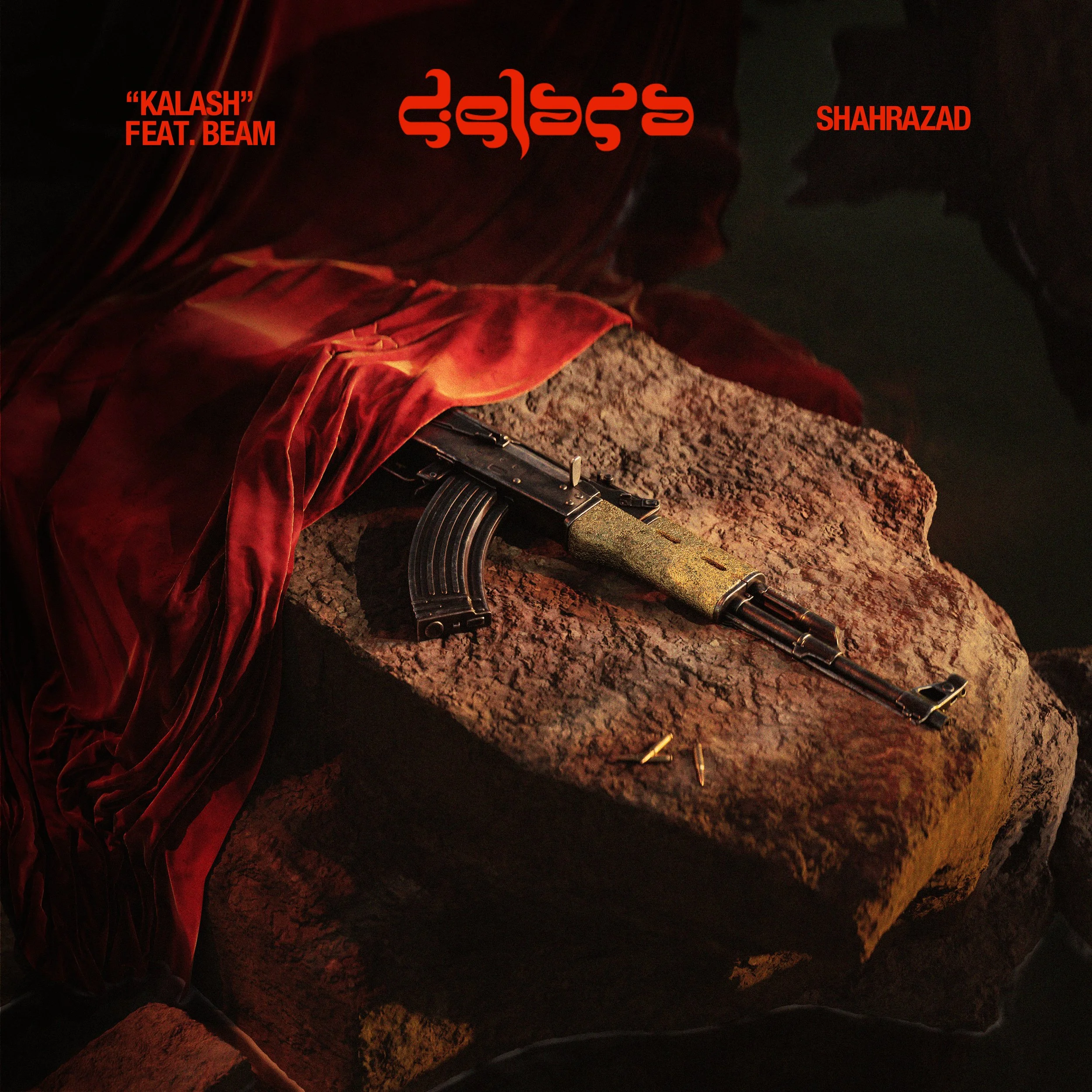A rifle placed on a rock with red fabric and bullet casings nearby, set against a dark background. Text on the image reads "Kalash" feat. Beam, and "Shahrazad" with stylized script.