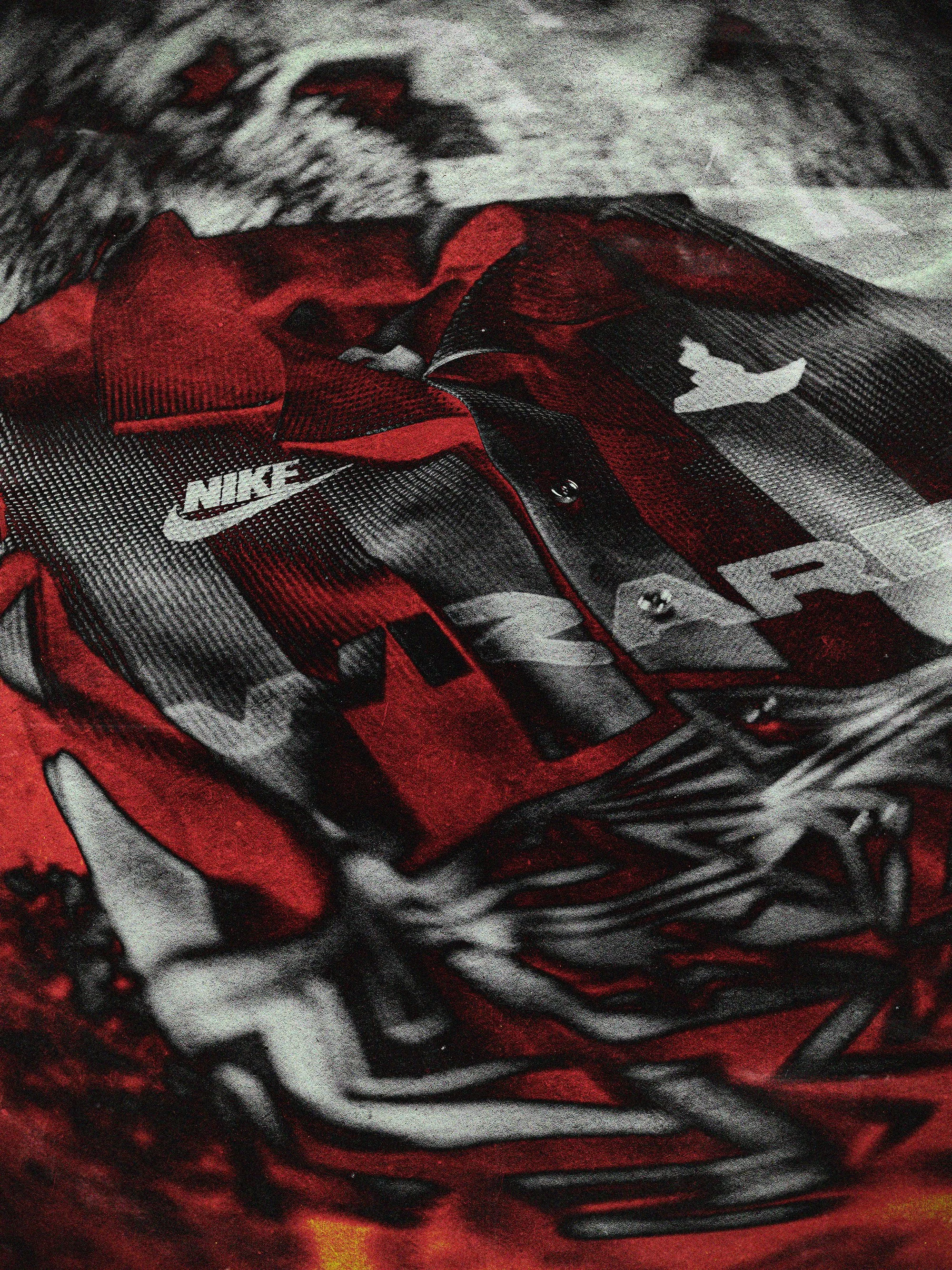 Close-up of a red patterned fabric with Nike logo