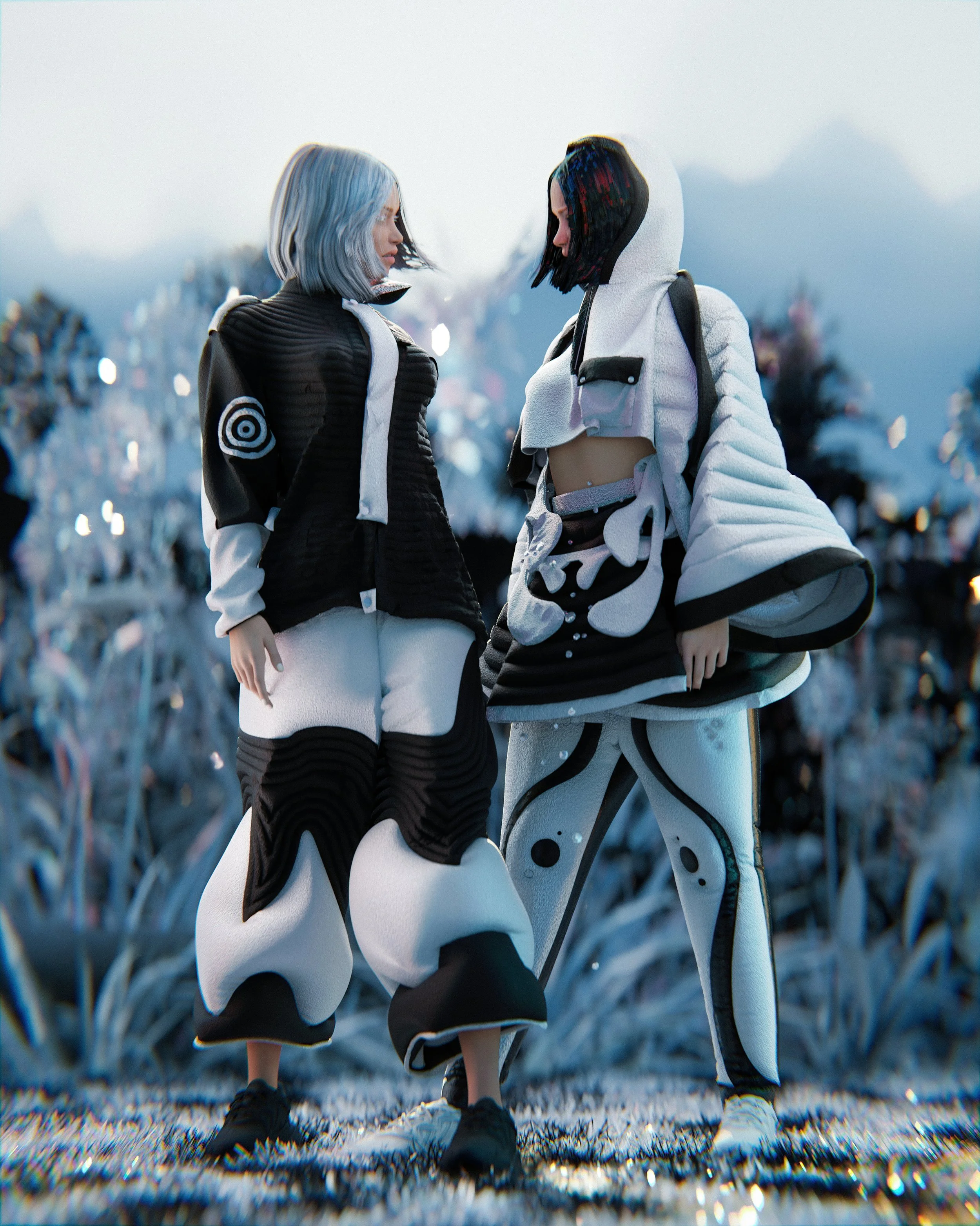Two individuals in futuristic, stylized black and white outfits standing outdoors, surrounded by abstract digital art elements.