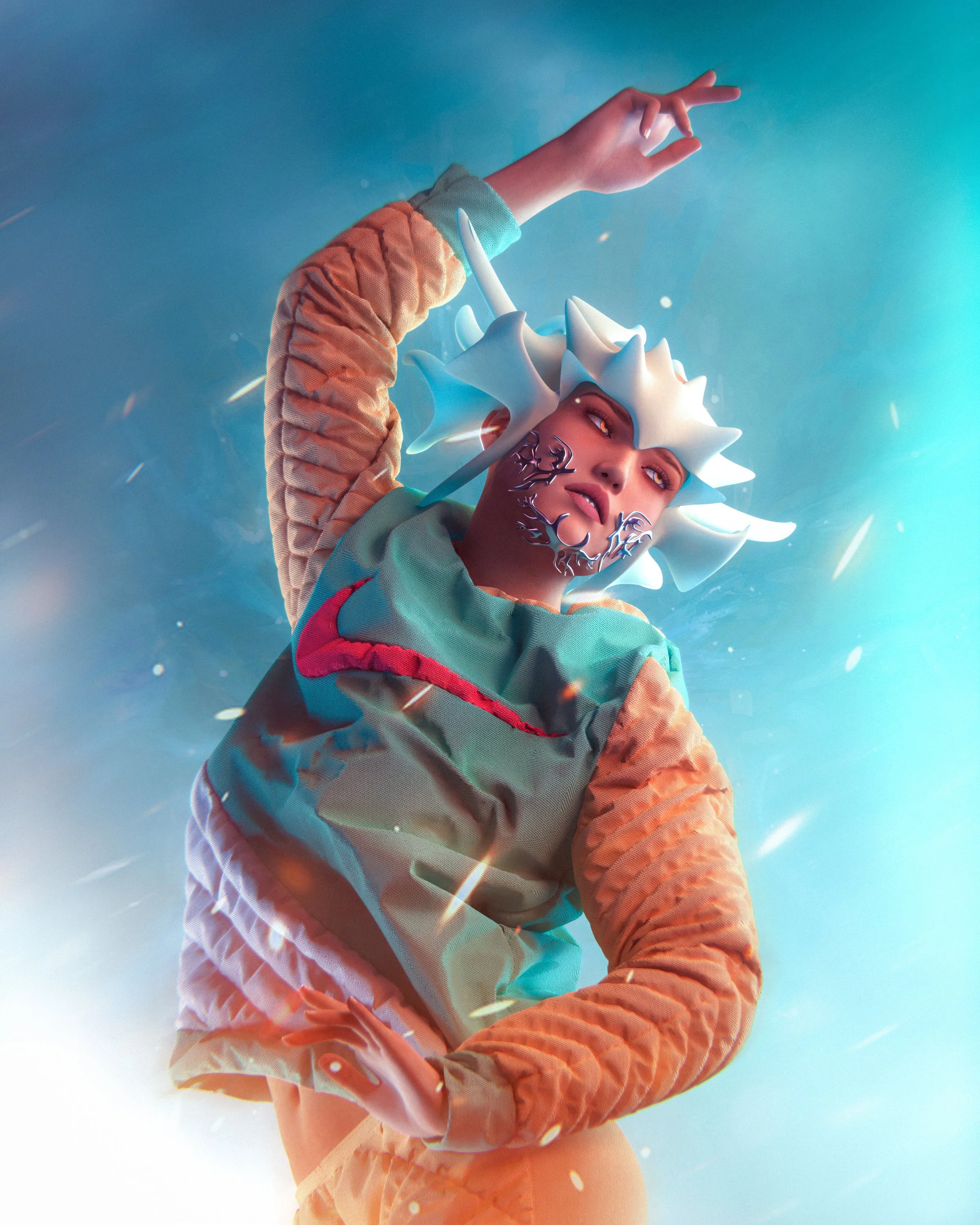 Person wearing an avant-garde outfit with spiked headpiece and face accessories, set against a dreamy background.