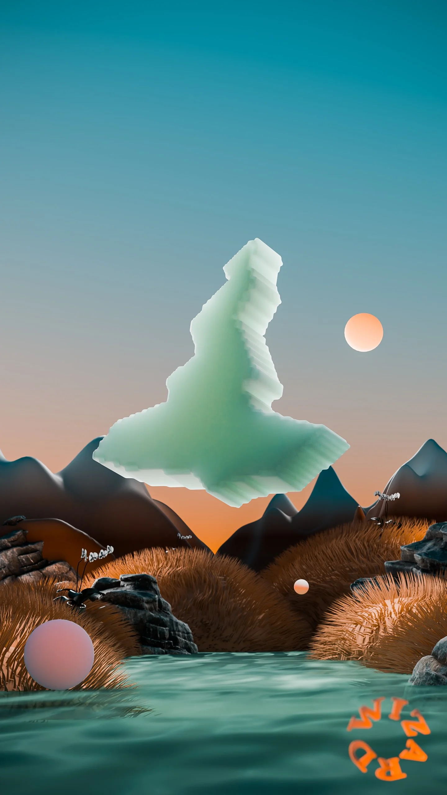 Abstract landscape with floating green structure, orange sky, mountains, river, and spheres.