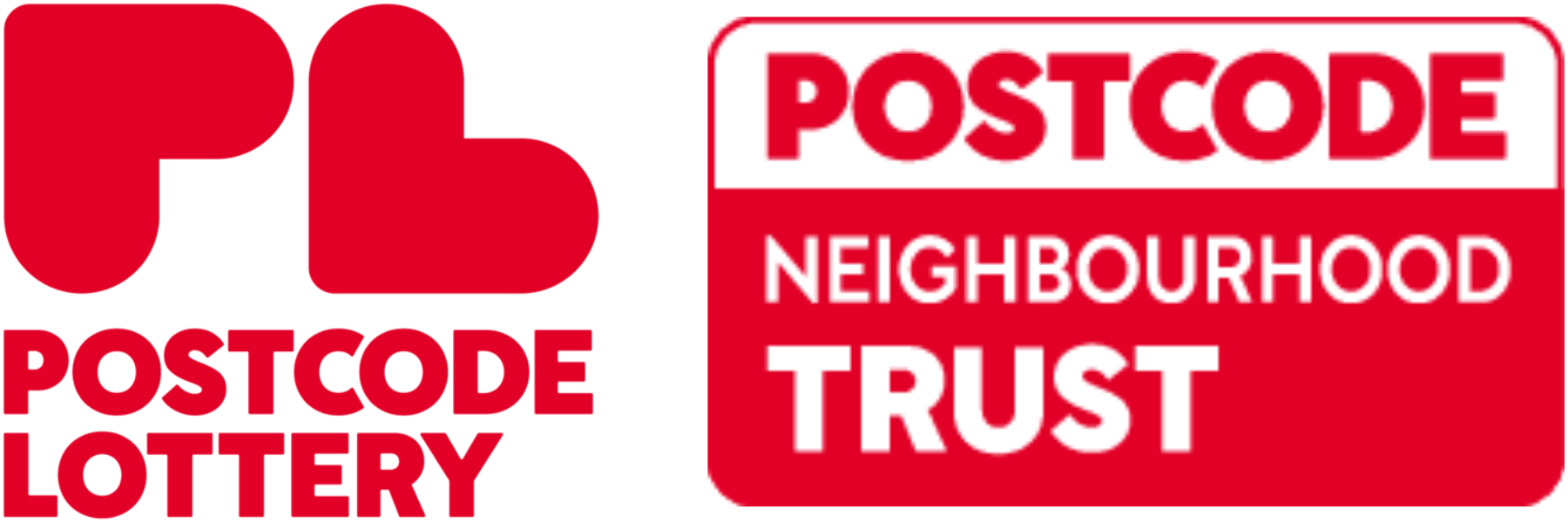 Logos for People's Postcode Lottery and Postcode Neighbourhood Trust with yellow ribbons.