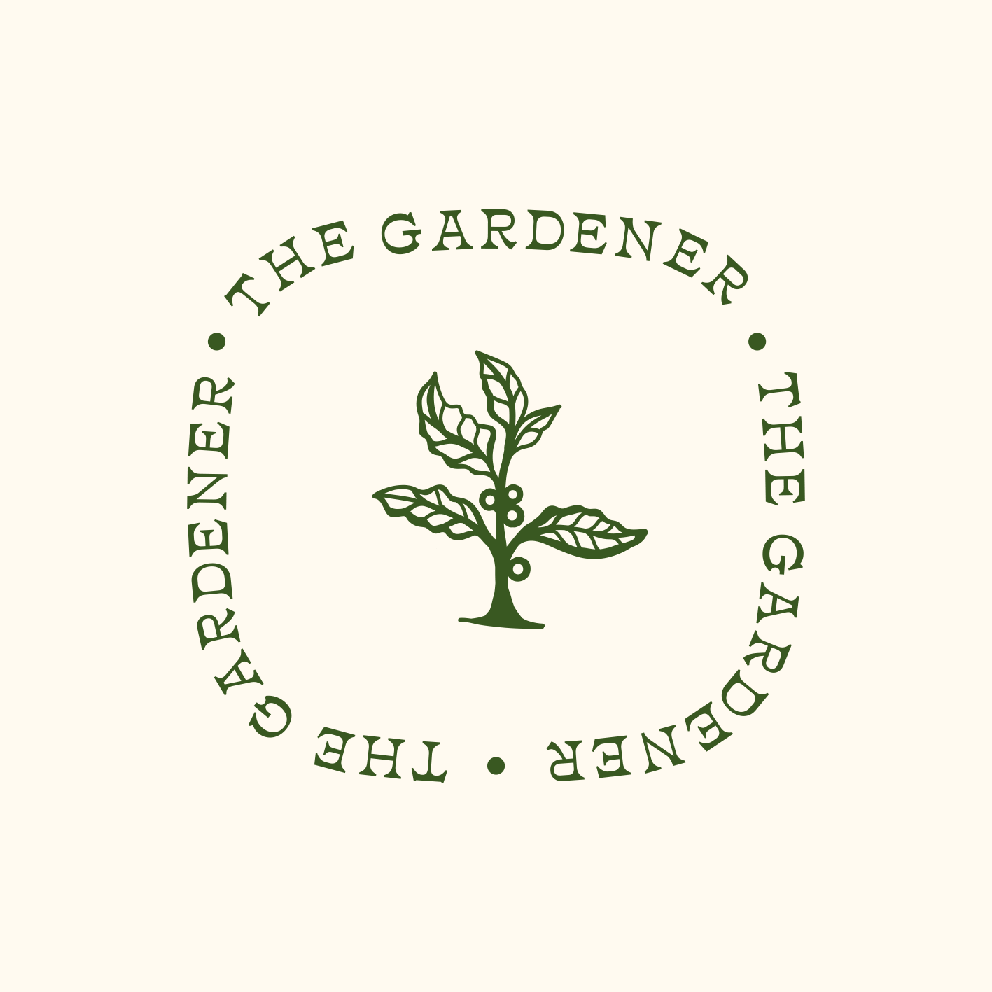 Logo with a green plant illustration and the text 'THE GARDENER' encircling it on a beige background.