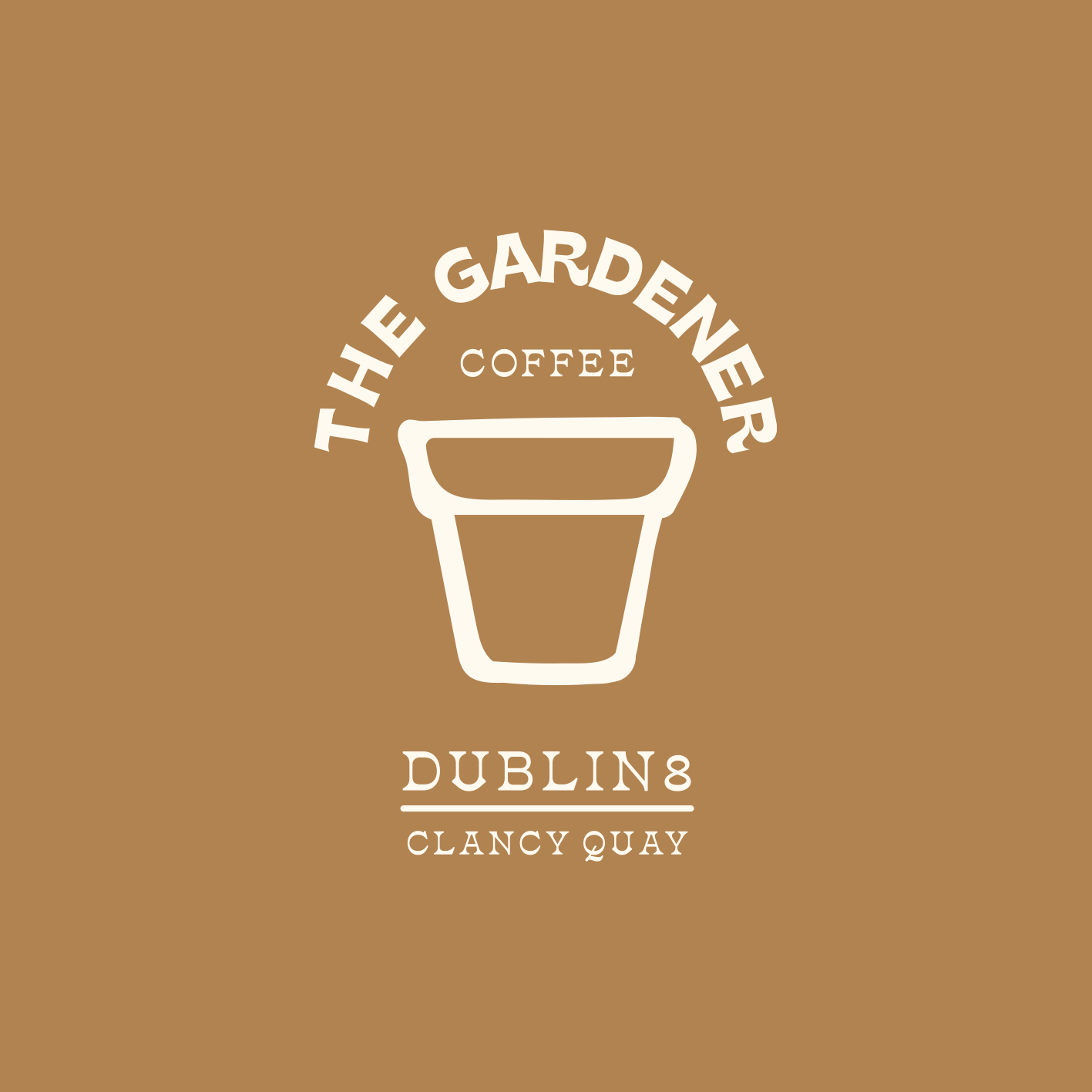 Logo featuring "The Gardener Coffee" with an icon of a plant pot, and text "Dublin 8 Clancy Quay" on a brown background.