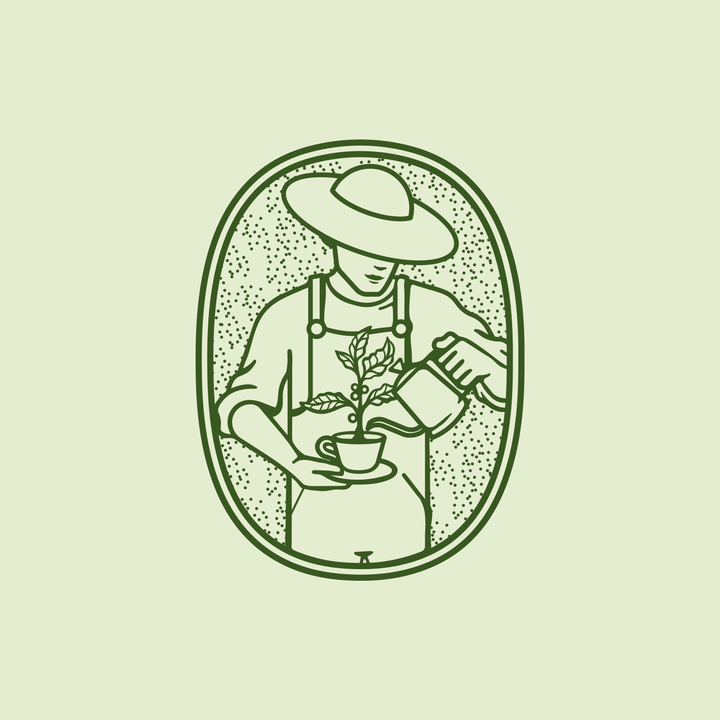 Illustration of a person wearing a wide-brimmed hat and apron, watering a plant growing inside a coffee cup.